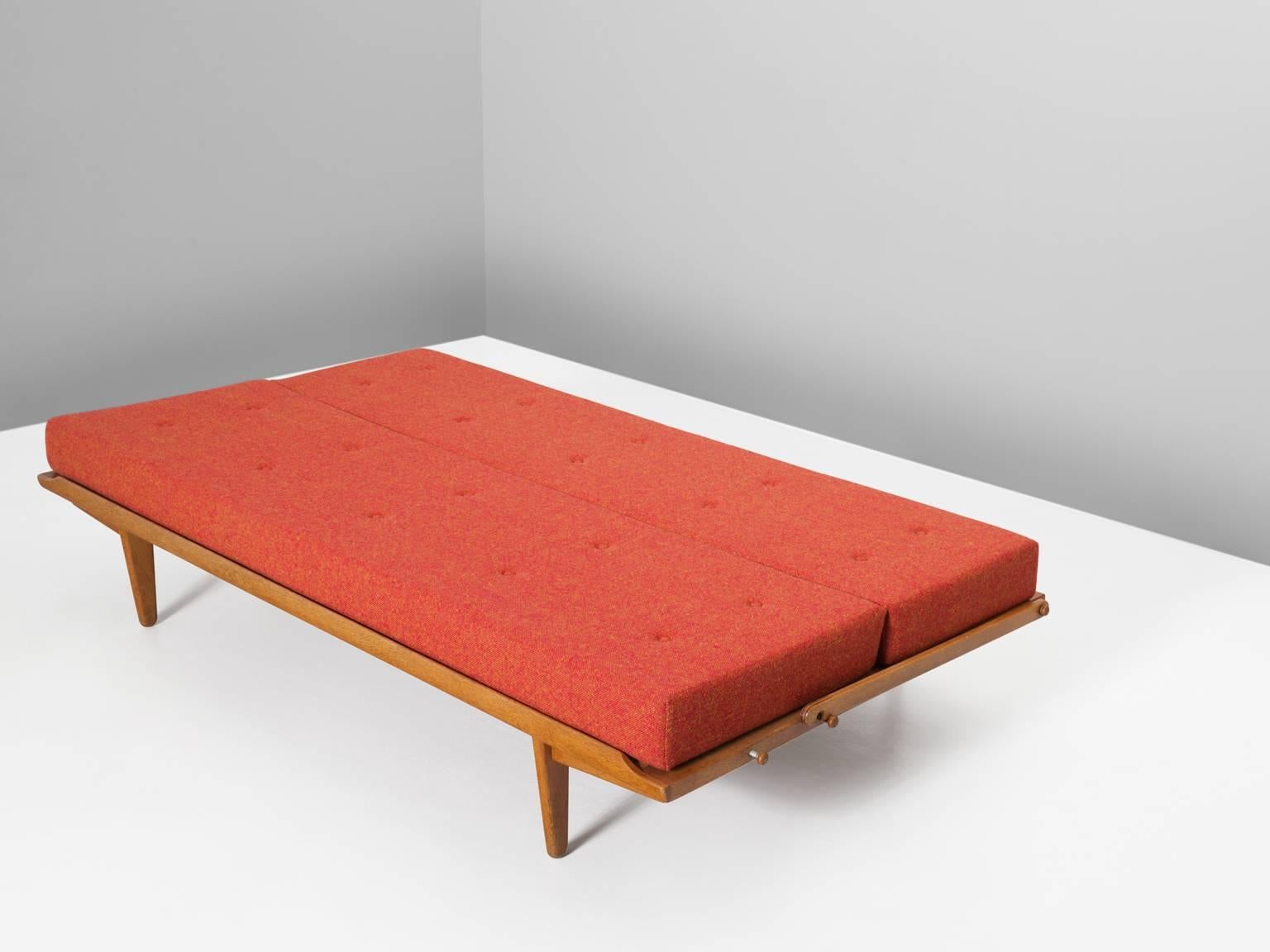 Scandinavian Sofa Bed in Oak and Multicolored Orange Upholstery In Excellent Condition In Waalwijk, NL