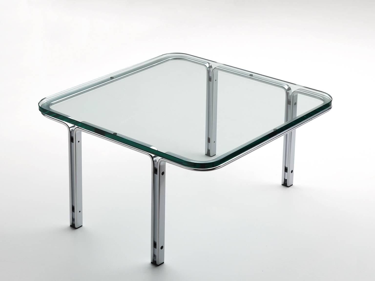 Coffee table, in steel and glass by Horst Brüning for Kill International, Germany 1970s. 

Square cocktail table in chrome plates steel and glass. The design is simplistic, yet due the combination of materials, this table gets it characteristic