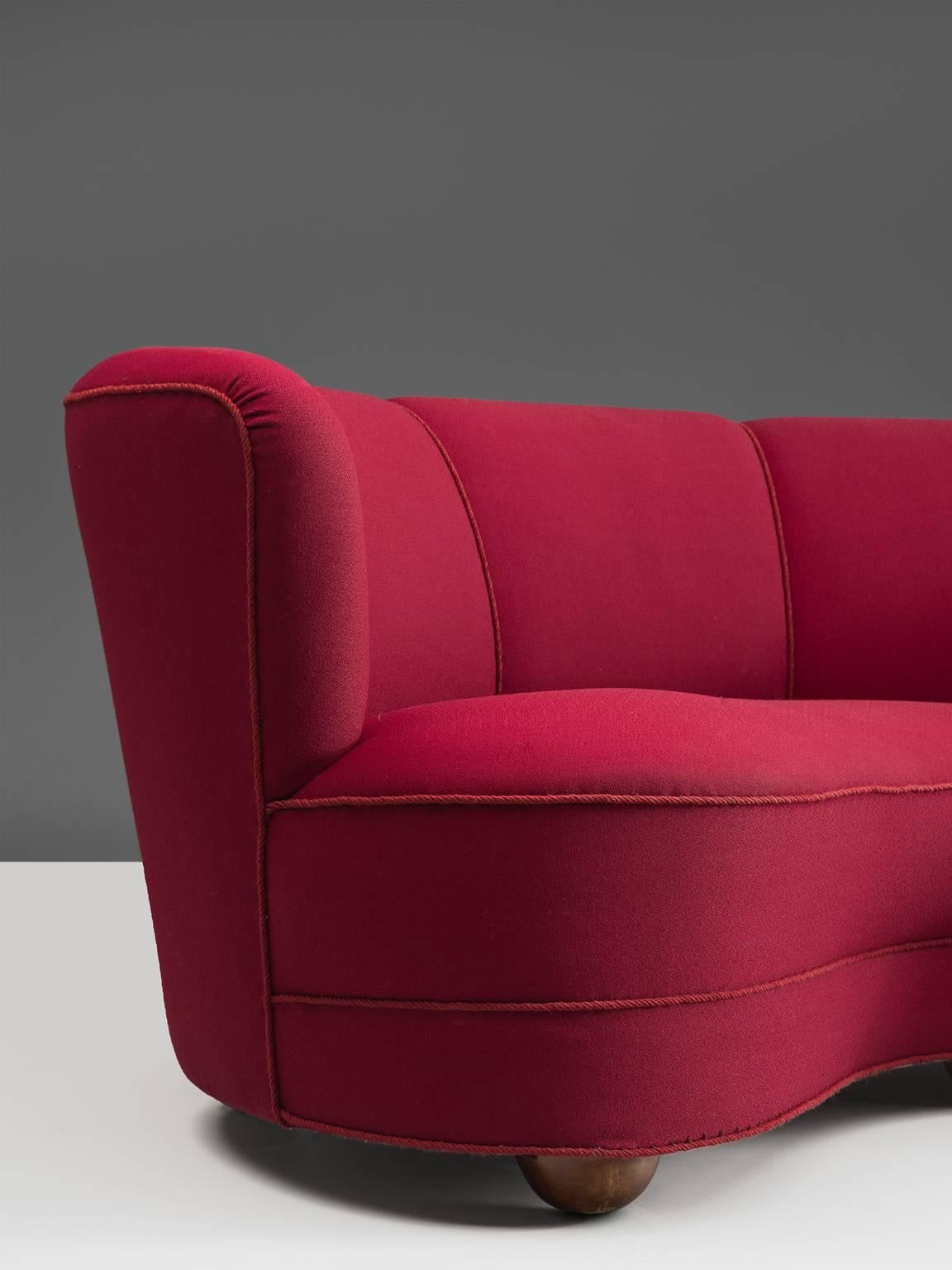 Brass Art Deco Curved Settee in Red Fabric