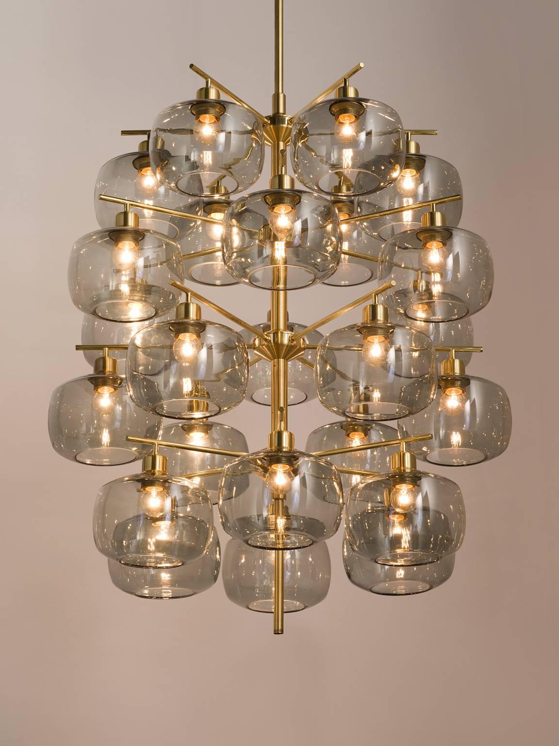 Scandinavian Modern Eight Holger Johansson Chandeliers with 24 Smoked Glass Bulbs, 1952
