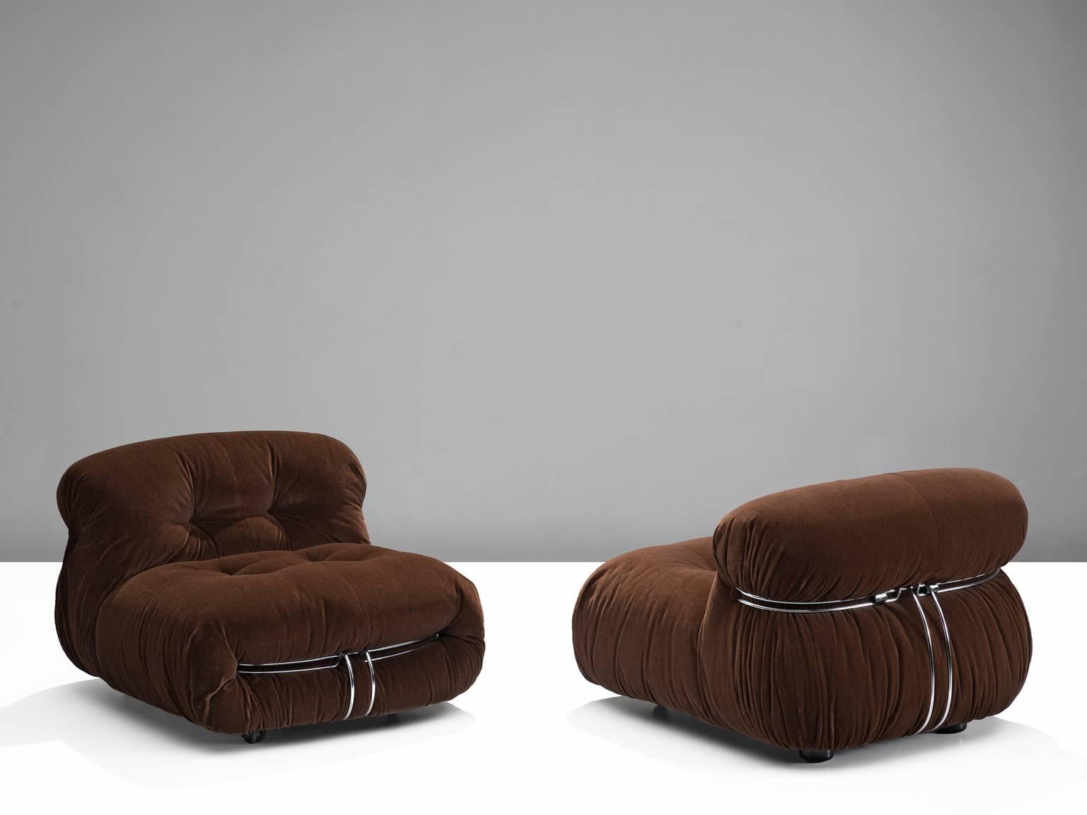 'Soriana' lounge chairs, in fabric and metal, by Afra & Tobia Scarpa for Cassina, Italy, 1969. 

Iconic lounge chairs by Italian designer couple Afra & Tobia Scarpa, the Soriana proposes a model that institutionalizes the image of the