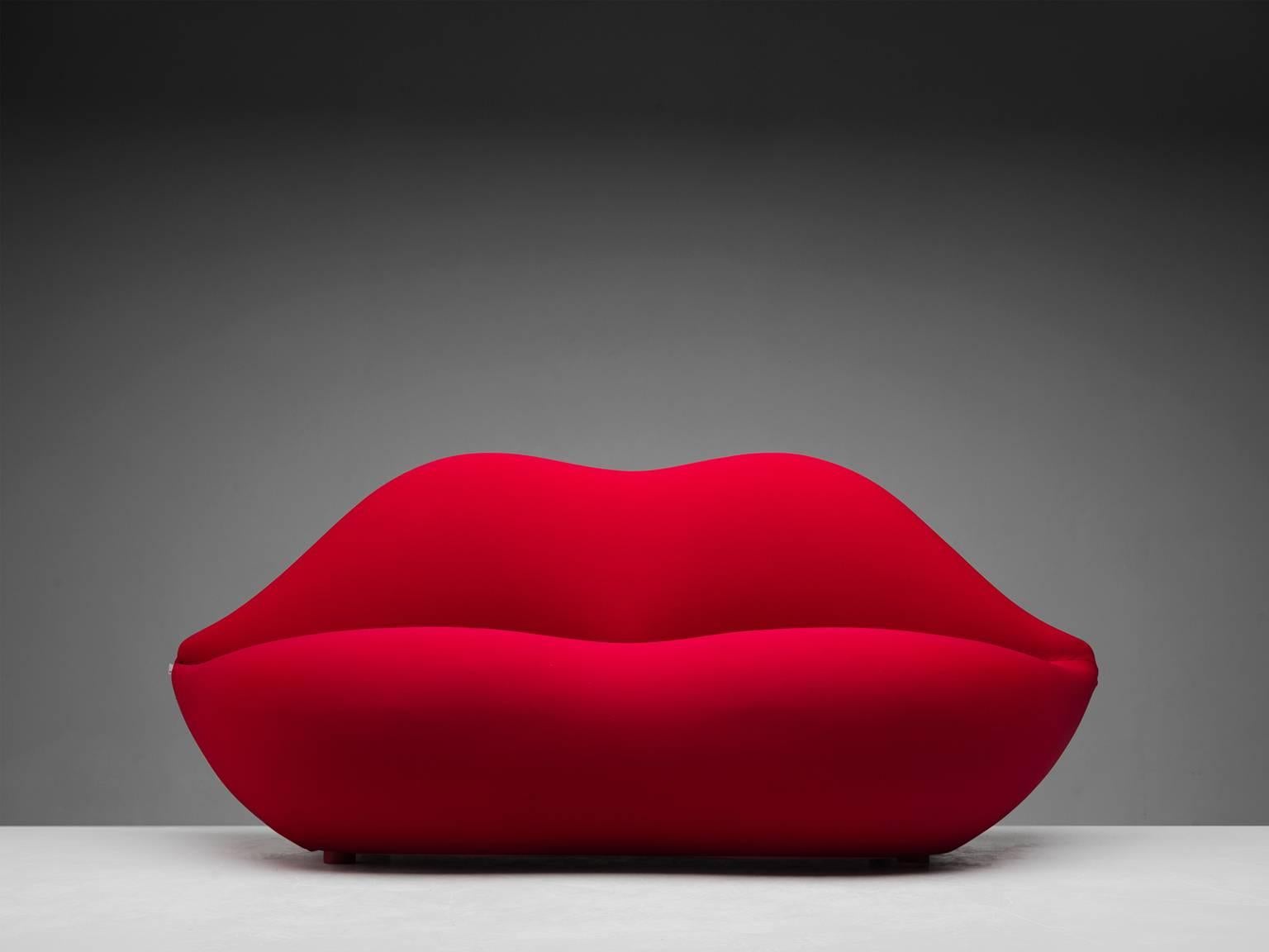 Sofa, fabric, metal frame, foam by Studio65, Italy, 1972. Paying homage to Marilyn Monroe and Salvador Dali.

This settee is executed in fabric and is large enough to sit two people. The Studio 65 Bocca Lip Sofa by Gufram is an icon of postmodern