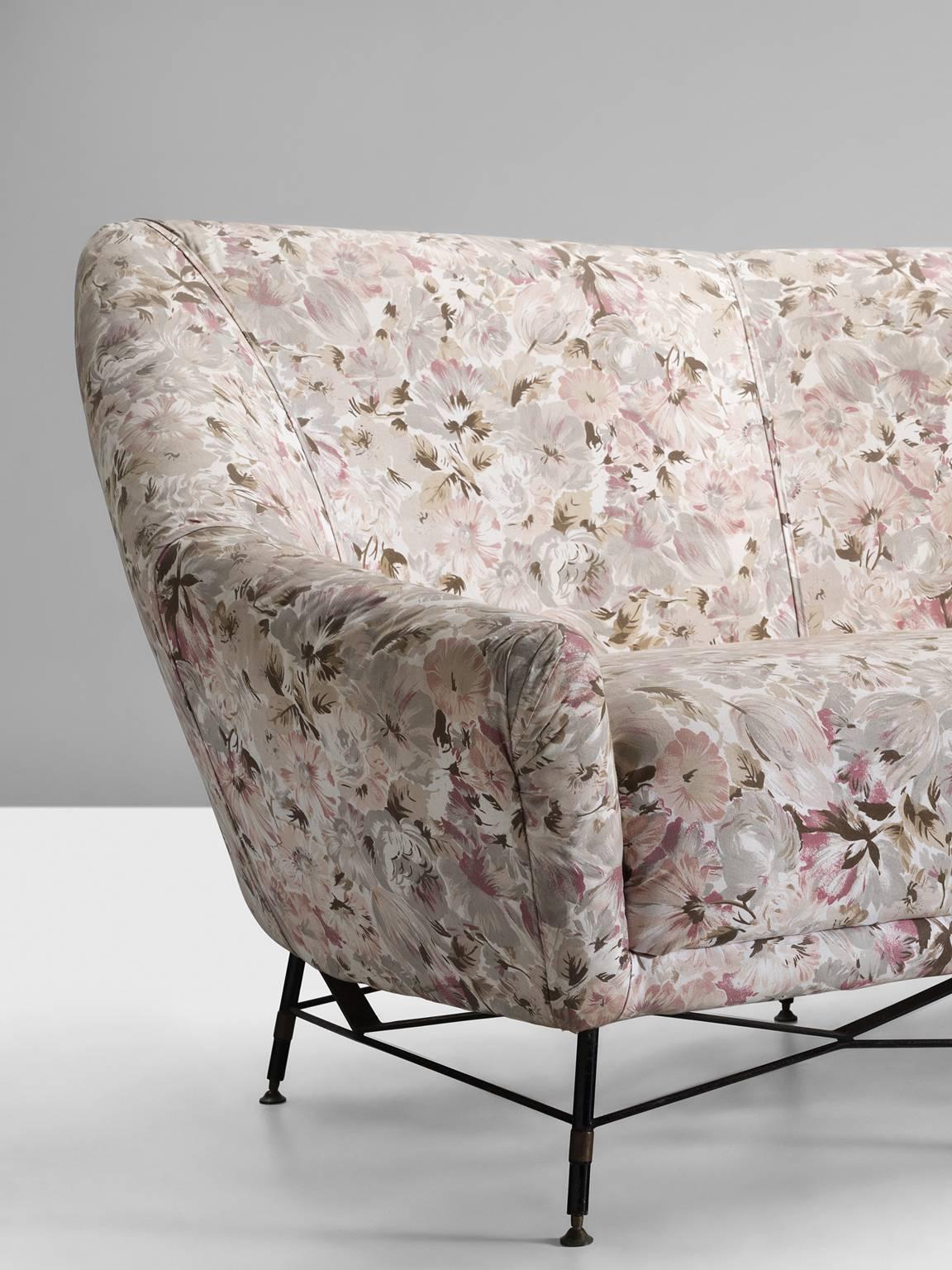 Steel Italian Sofa with Floral Upholstery