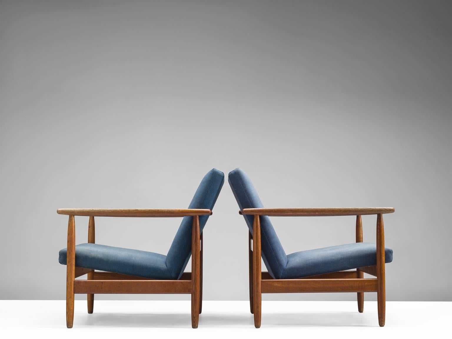 Pair of Teak Armchairs in Original Blue Fabric, Denmark, 1960s In Good Condition In Waalwijk, NL