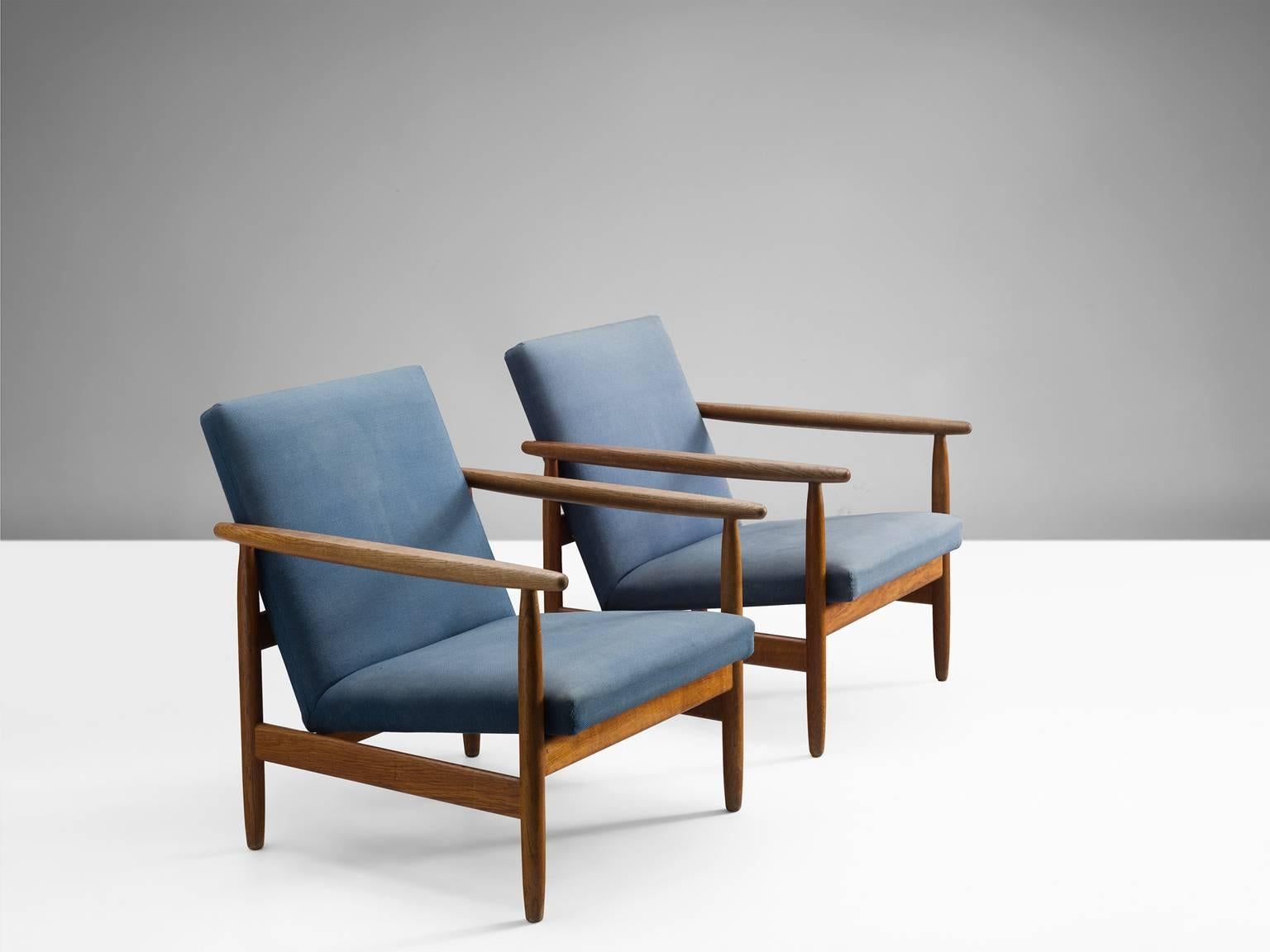 Mid-Century Modern Pair of Teak Armchairs in Original Blue Fabric, Denmark, 1960s