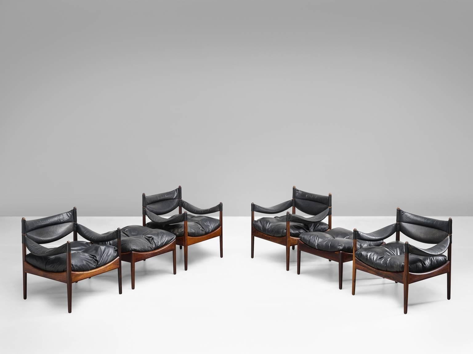 Mid-Century Modern Kristian Vedel Four Lounge Chairs Original Black Leather and Rosewood