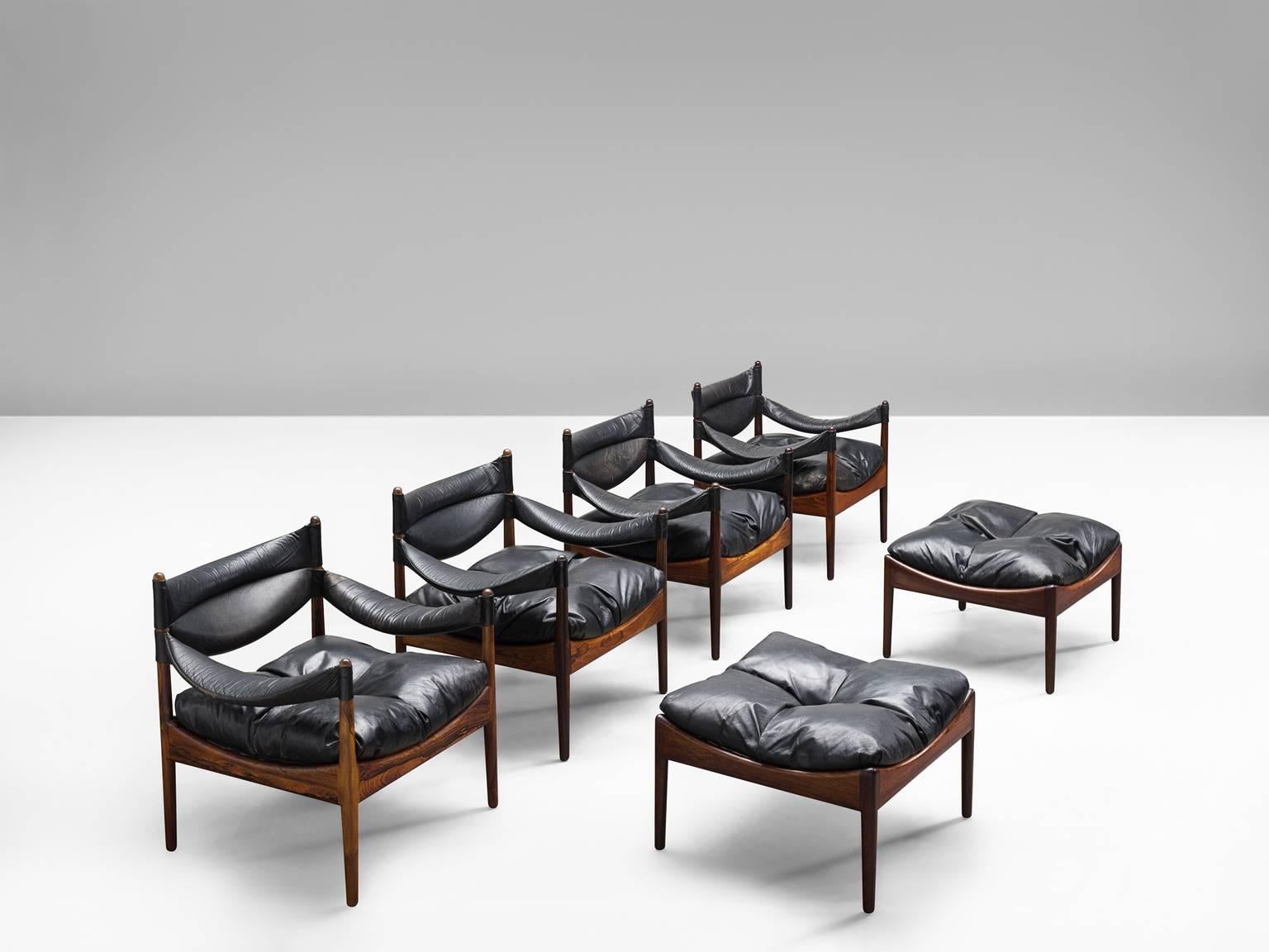 Danish Kristian Vedel Four Lounge Chairs Original Black Leather and Rosewood