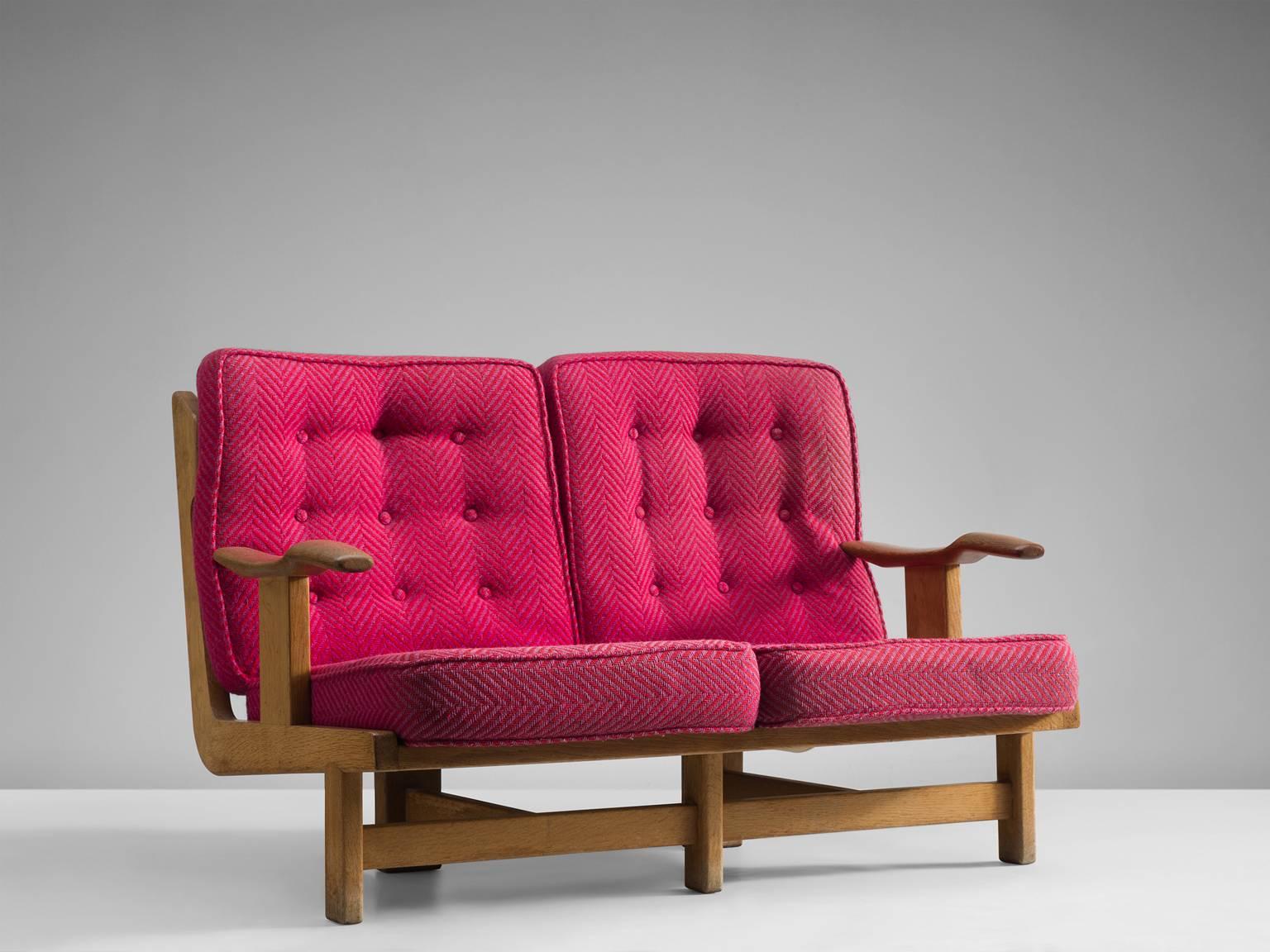 Mid-Century Modern Solid Oak Sofa by Guillerme et Chambron with Pink Cushions