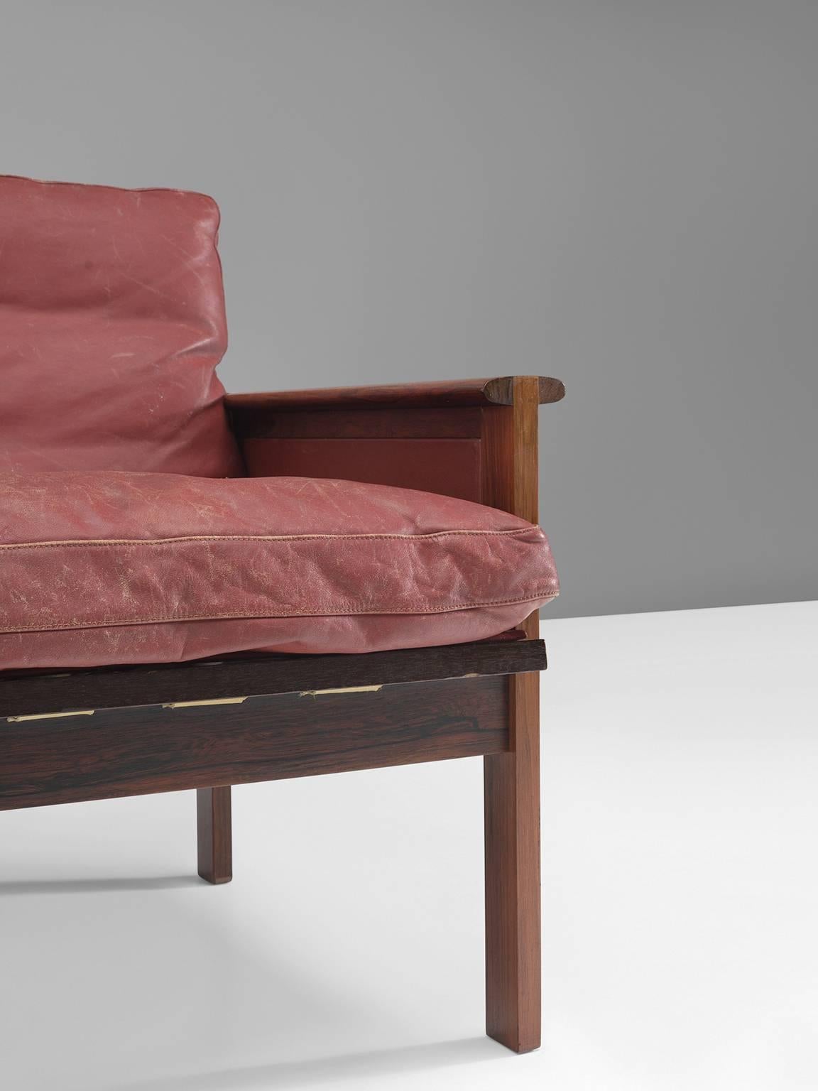Danish Illum Wikkelsø 'Capella' Sofa in Original Red Leather and Rosewood