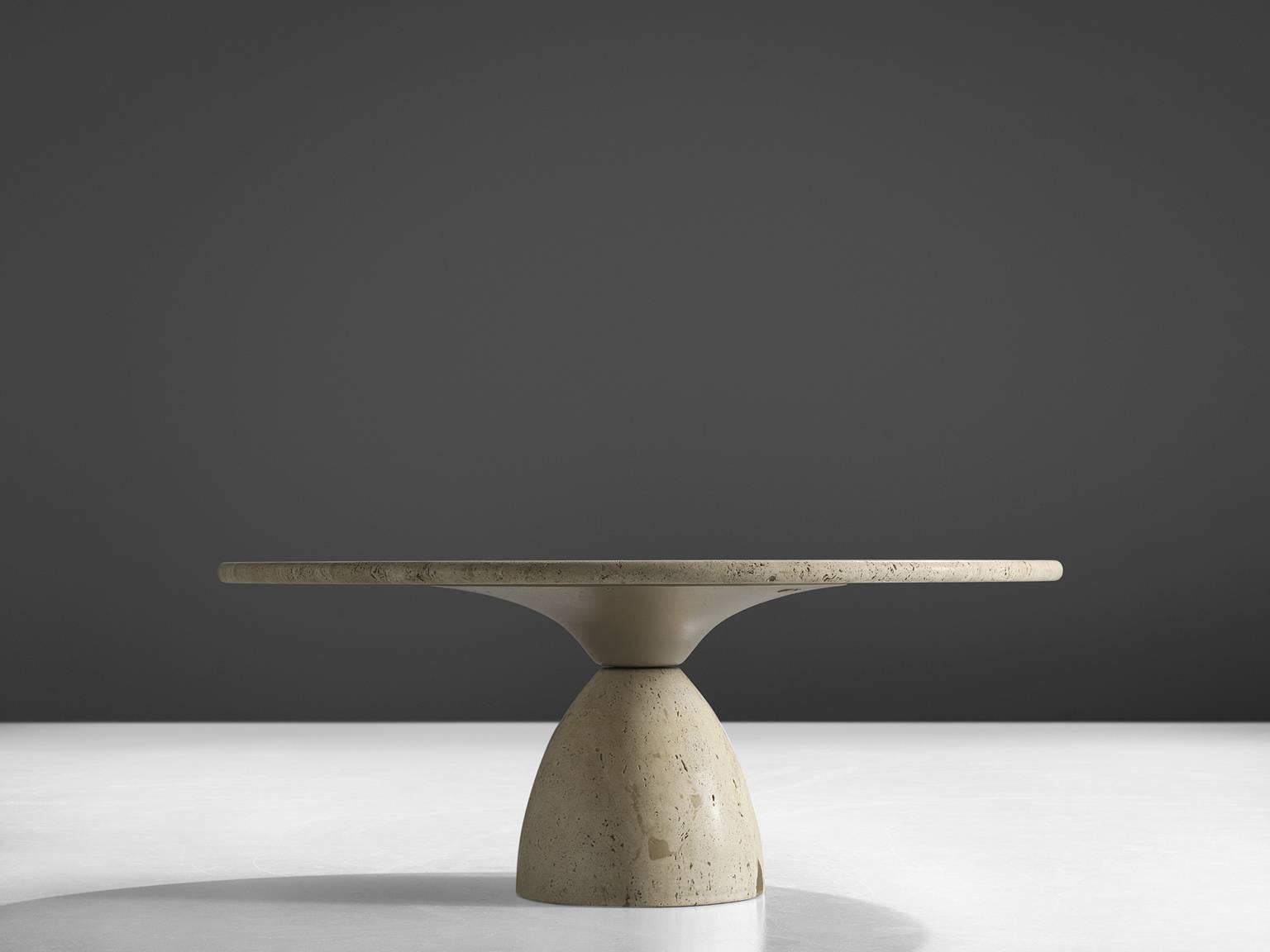 Cocktail table, travertine, Europe, 1970s

This strong cocktail table features a colon foot and a thick circular tabletop. The aesthetics are archetypical for postmodern design, bearing references to architectural forms and without a clean