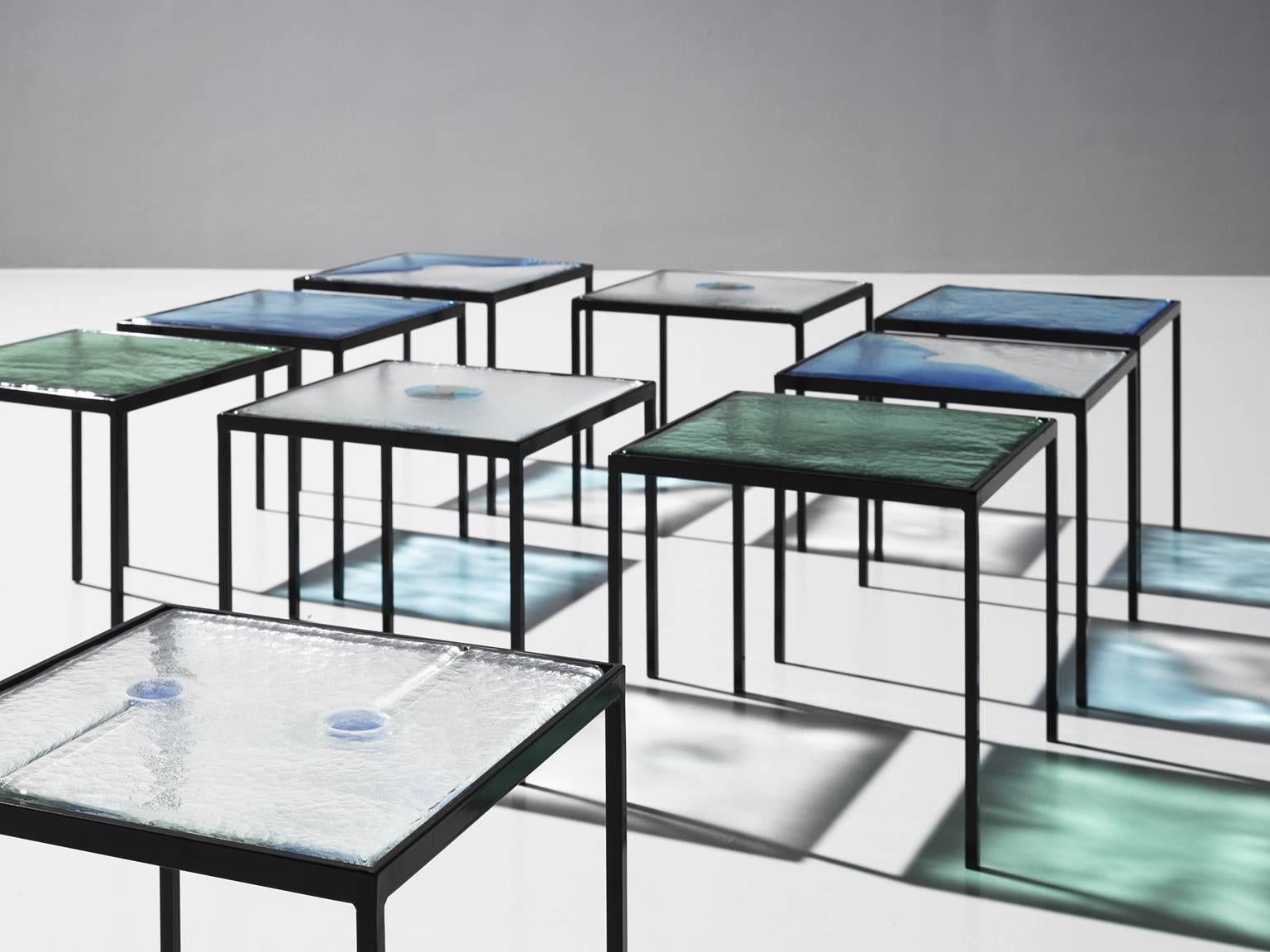 European Very Large Set of Side Tables in Structured Glass and Steel