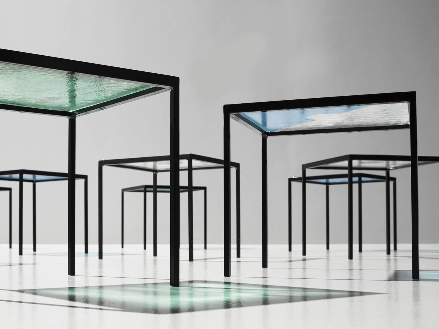 Very Large Set of Side Tables in Structured Glass and Steel In Good Condition In Waalwijk, NL