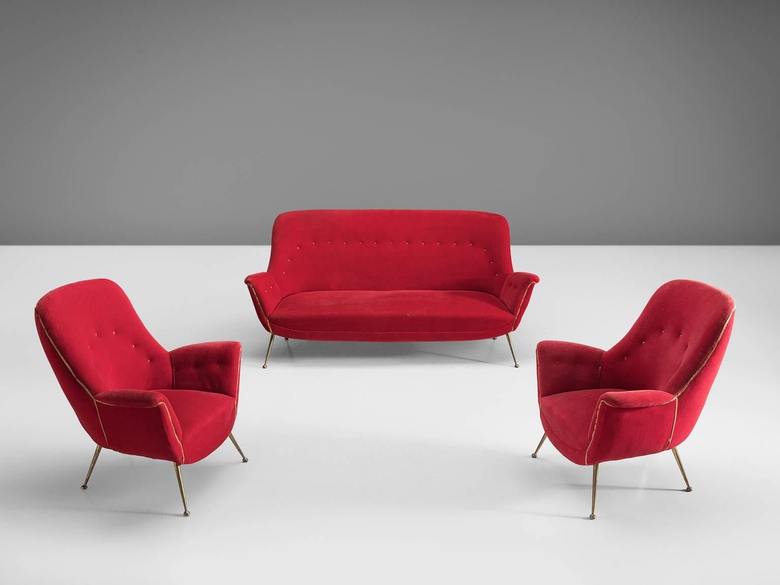 Mid-Century Modern Venetian Red Fabric Italian Lounge Set, 1950s