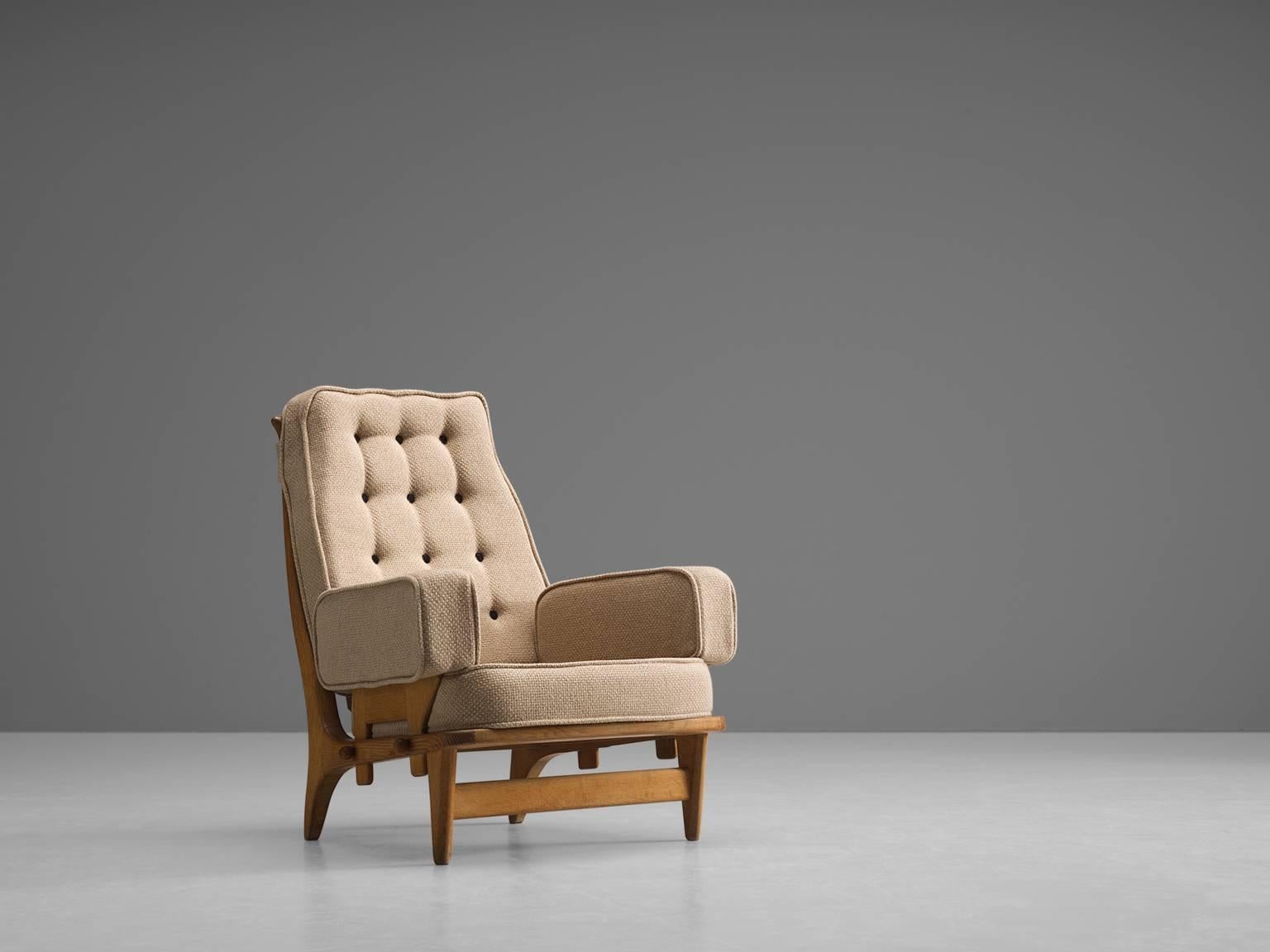Mid-Century Modern Guillerme & Chambron Carved Oak Lounge Chair, 1950s
