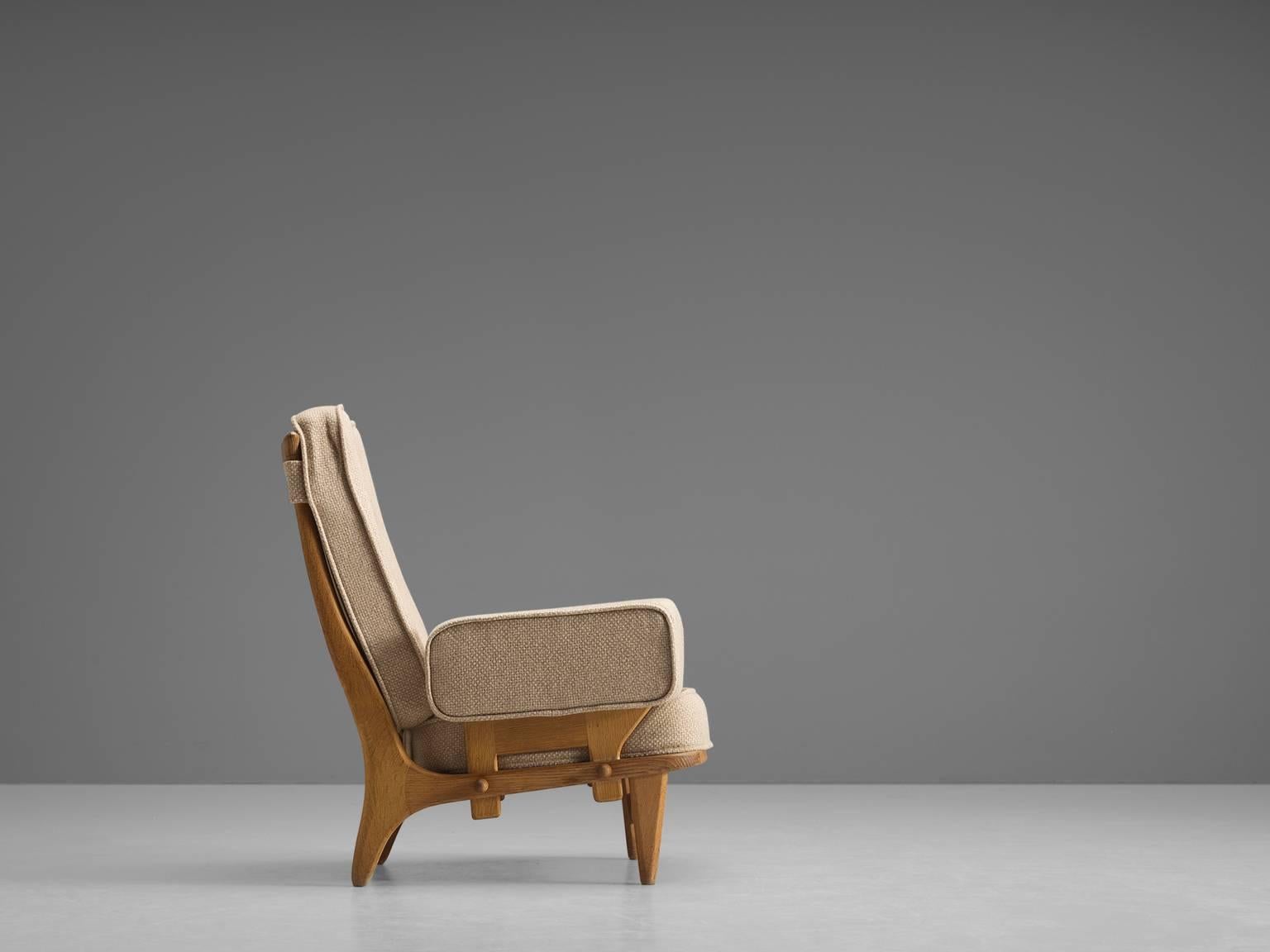 French Guillerme & Chambron Carved Oak Lounge Chair, 1950s