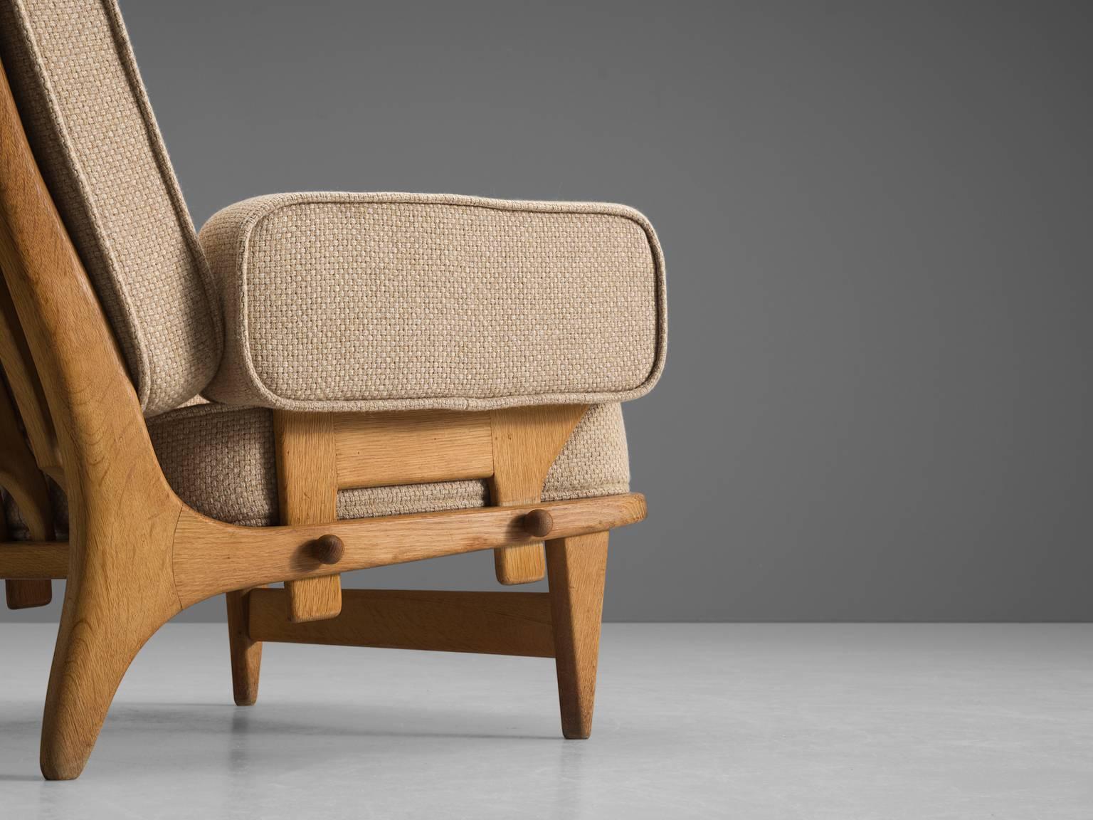 Fabric Guillerme & Chambron Carved Oak Lounge Chair, 1950s
