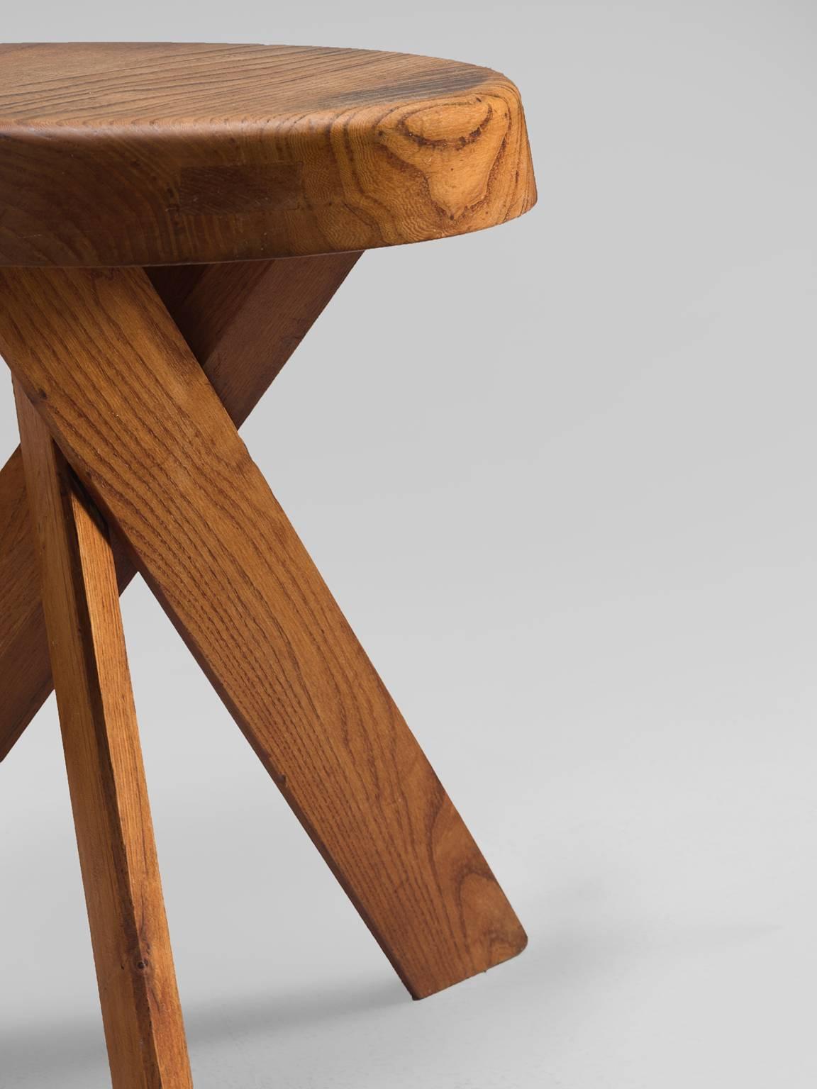 Pierre Chapo Asymmetrical Patinated Elm Stool In Excellent Condition In Waalwijk, NL