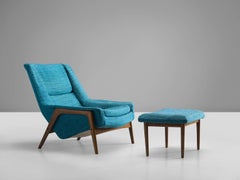 Swedish Petrol Blue Lounge Chair and Ottoman, 1960s