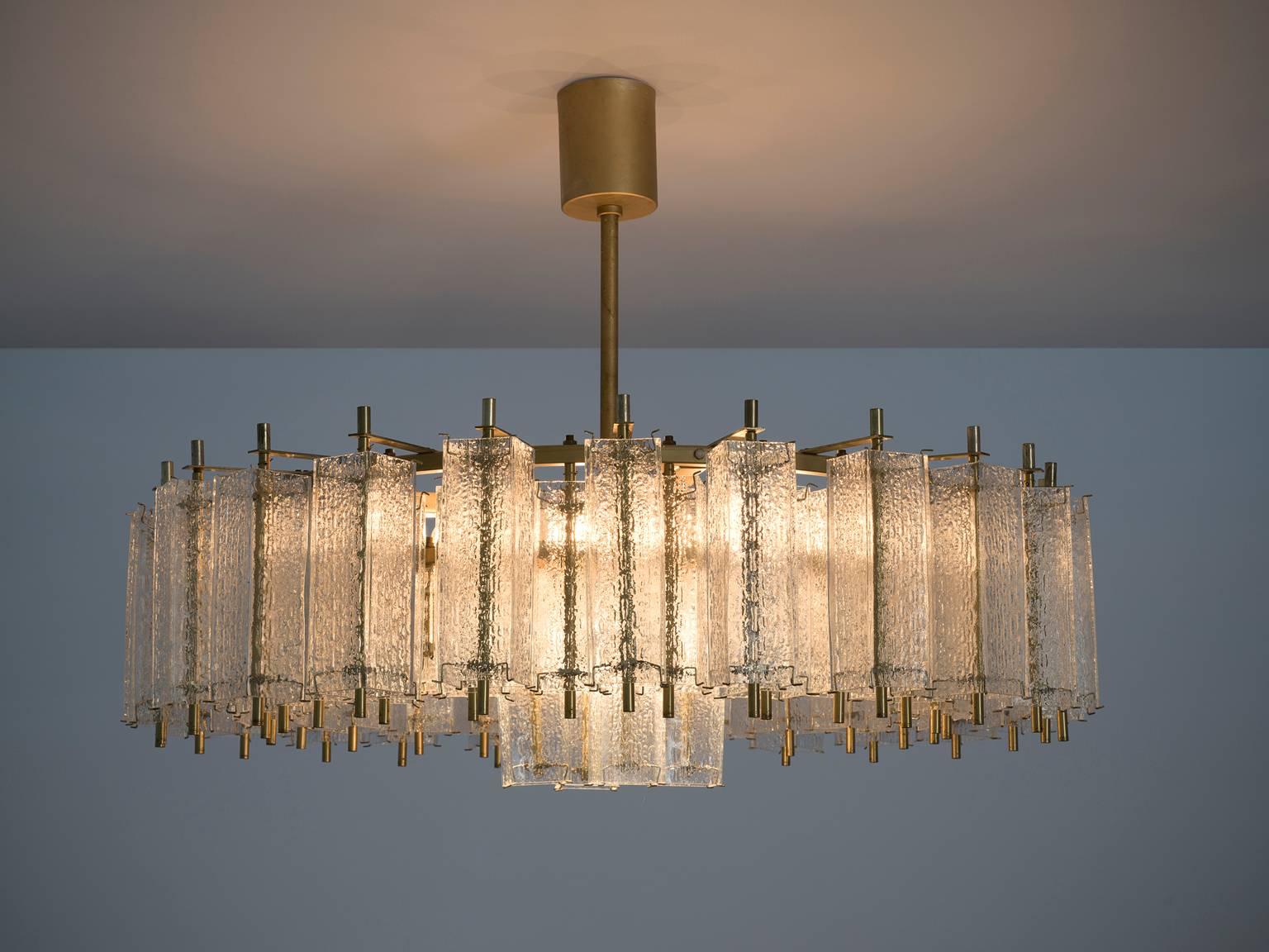 Mid-Century Modern Large Chandelier in Brass and Structured Glass