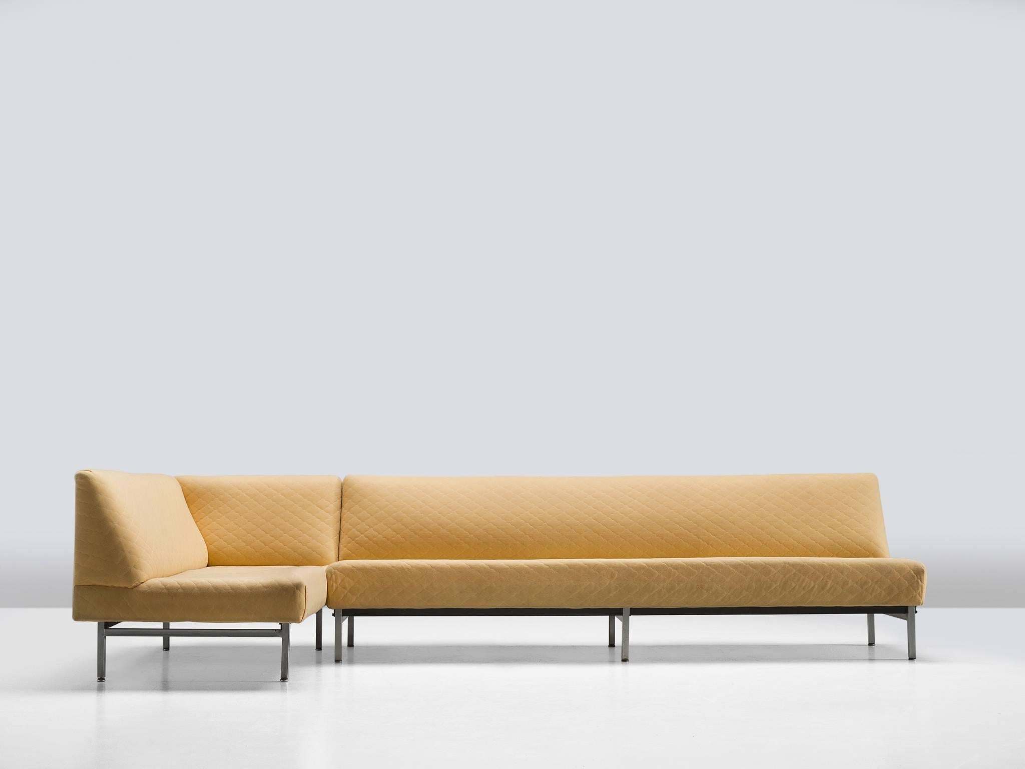 Sofa, yellow upholstery, metal, United States, 1960s

This sleek, minimalist yet comfortable sofa is both modest in its aesthetics and functional. This seemingly simple design of the seventies can be used as two separate settees as well. The corner