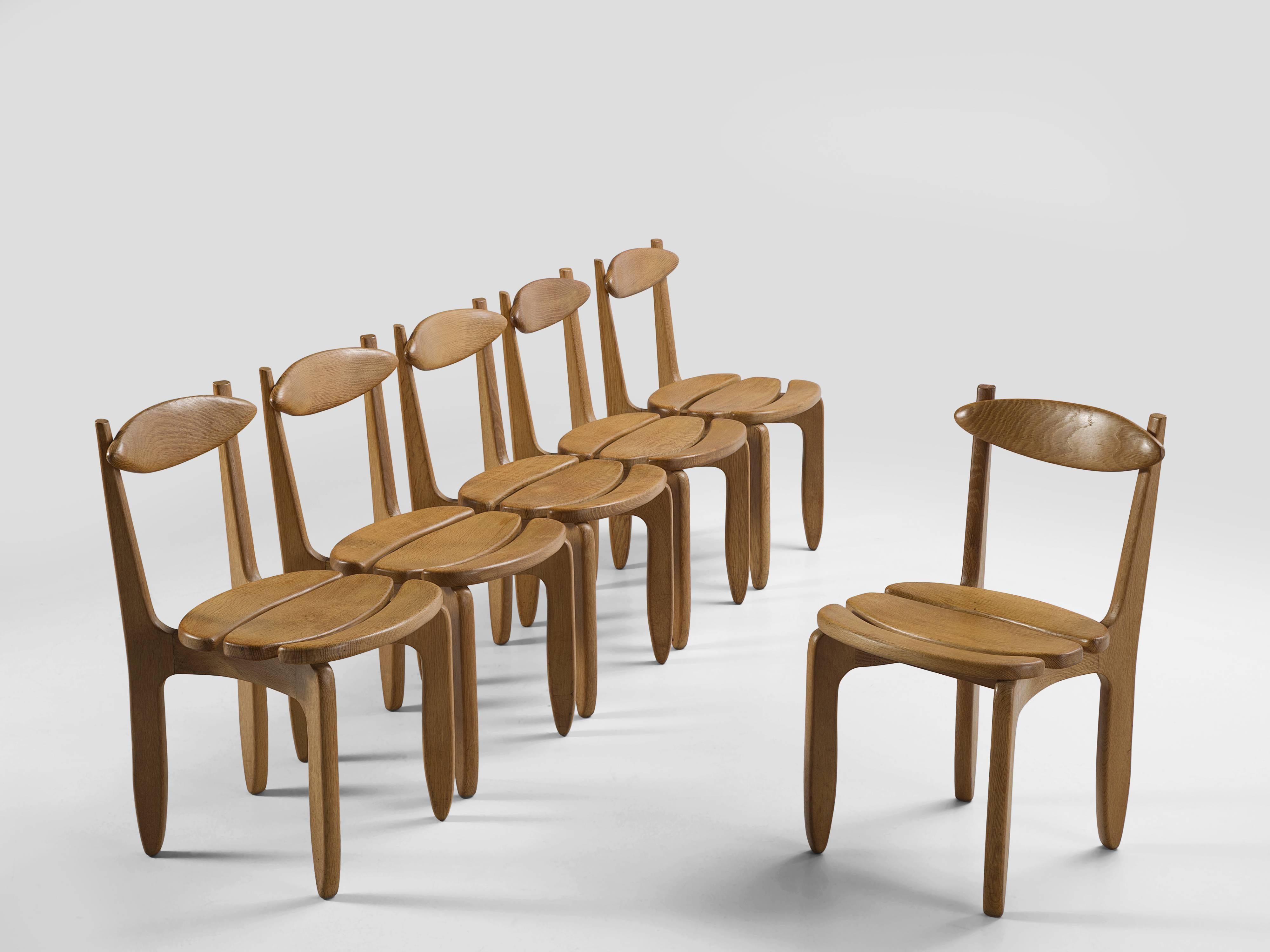 Mid-Century Modern Guillerme & Chambron Set of Six Dining Chairs in Solid Oak