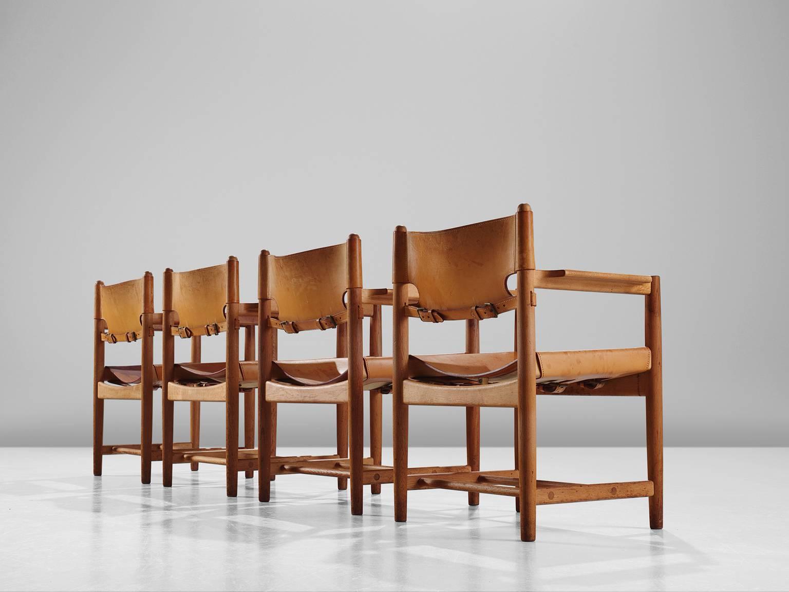 Scandinavian Modern Børge Mogensen Set of Four Armchairs in Oak and Light Cognac Leather