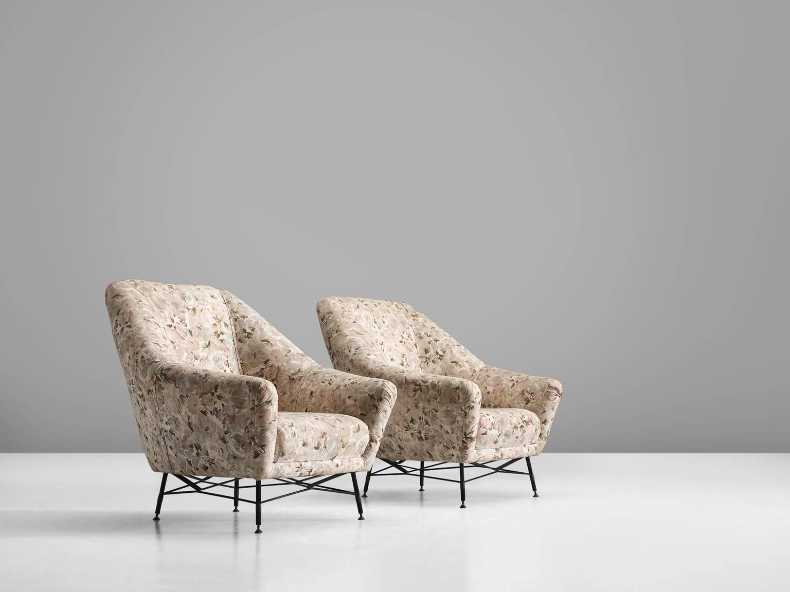 Mid-Century Modern Italian Set of Lounge Chairs with Floral Upholstery