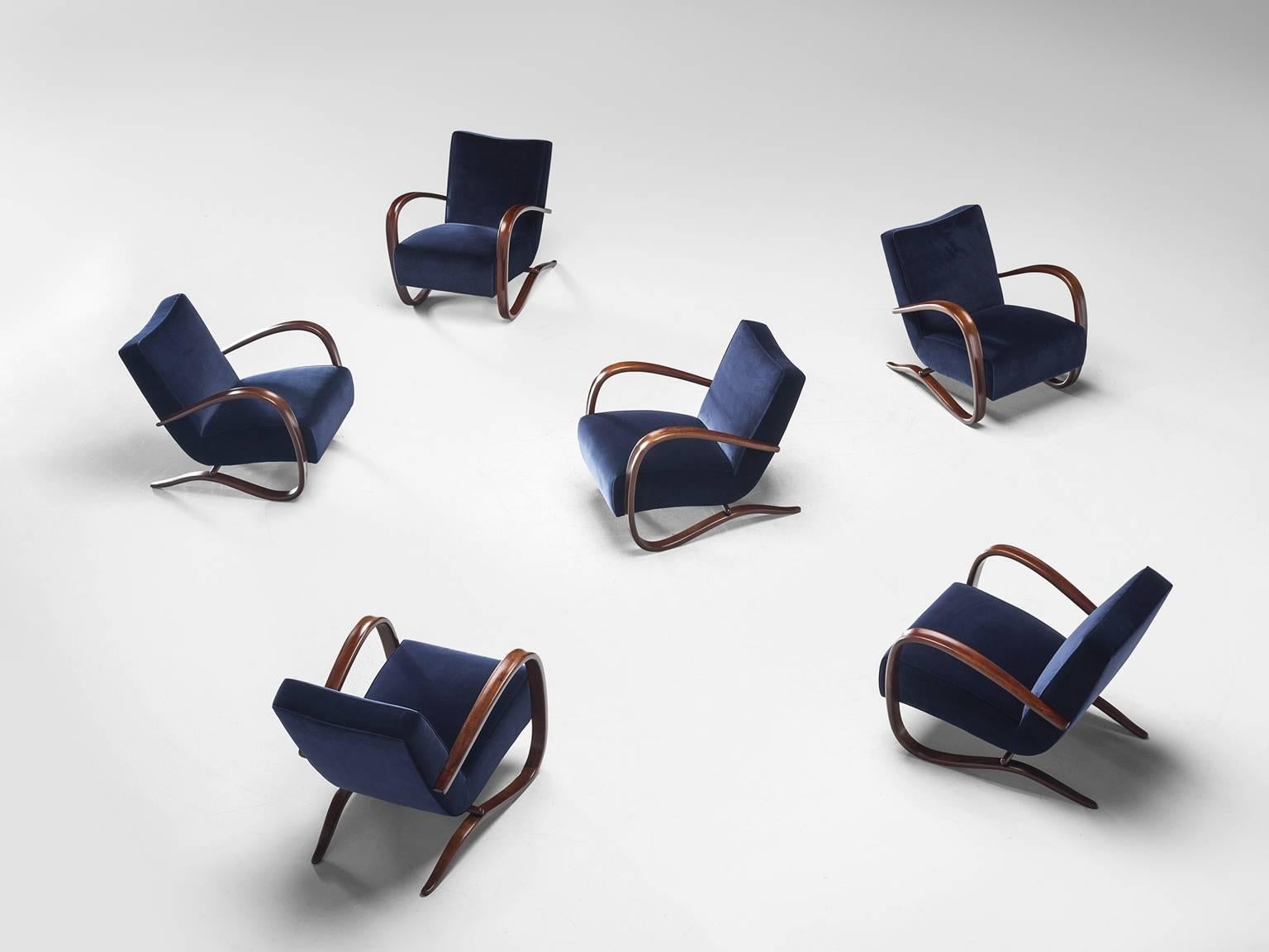 Art Deco Jindrich Halabala Lounge Chairs in Navy Blue Velvet