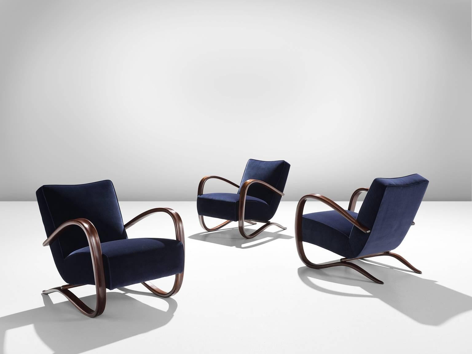 Mid-20th Century Jindrich Halabala Lounge Chairs in Navy Blue Velvet