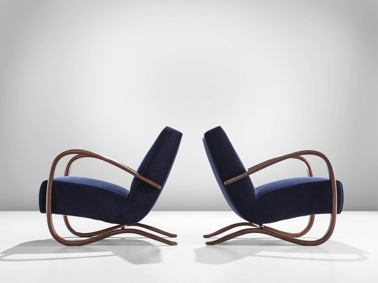 Jindrich Halabala Lounge Chairs in Navy Blue Velvet 1