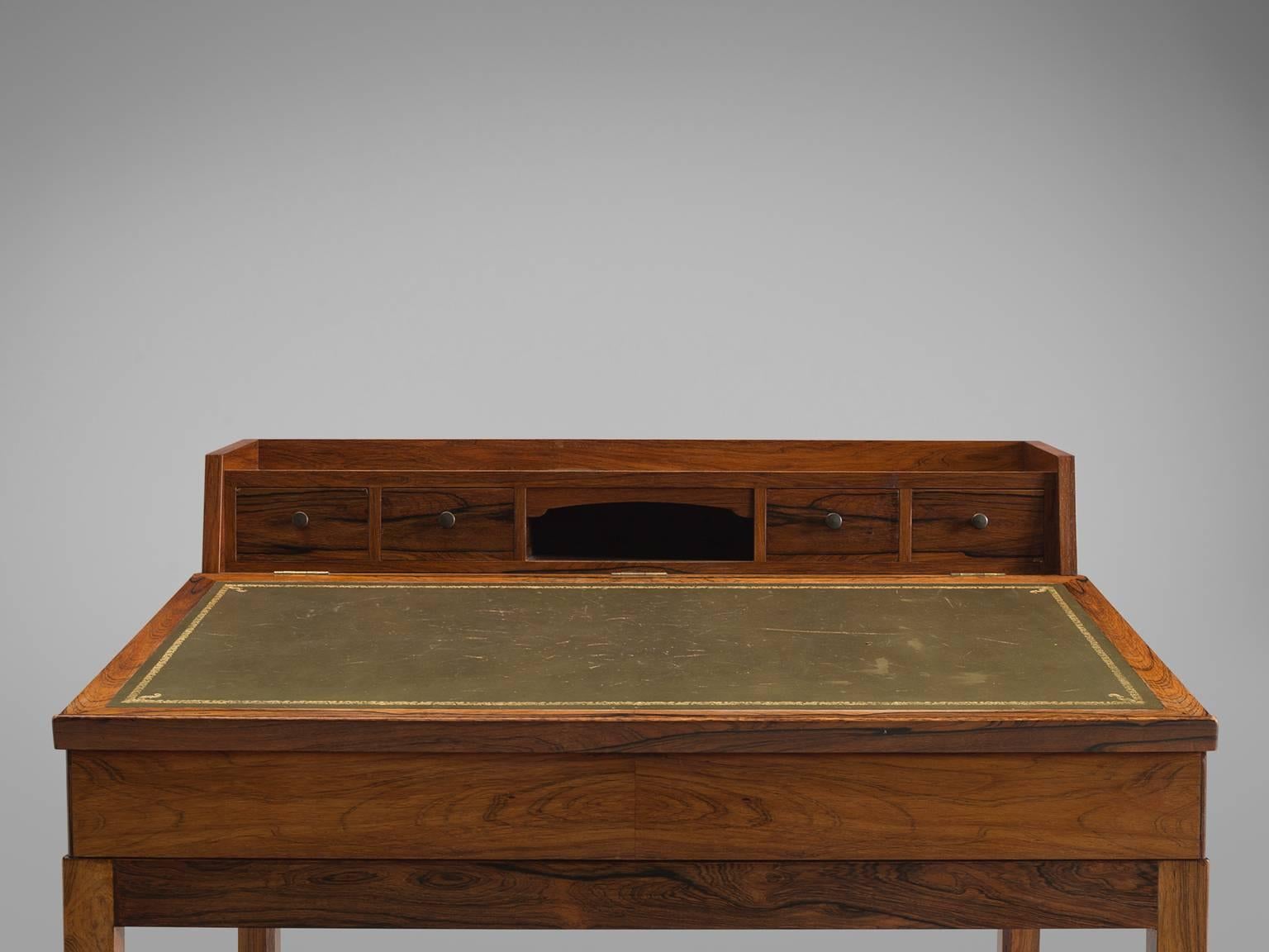 Danish Writing Desk with Olive Green Leather and Rosewood 1