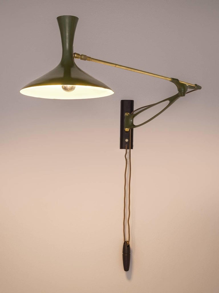 Louis Kalff for Cosack Wall Light in Brass and Rare Dark Green Metal For Sale at 1stdibs