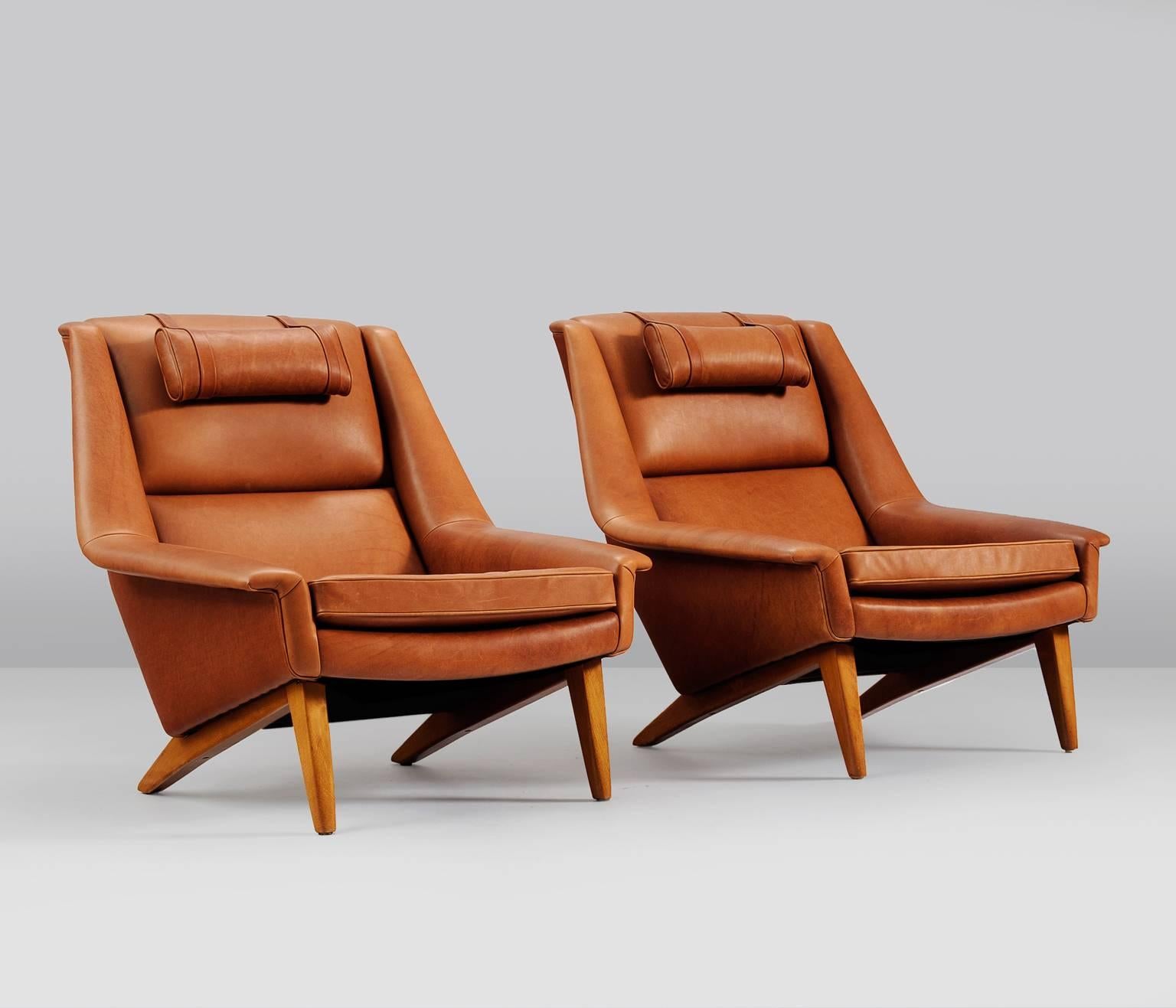 Package Deal for M - #4 Danish Reupholstered Lounge Chairs in Cognac Leather. Listed as 1 item, please note it is a set of 4.
