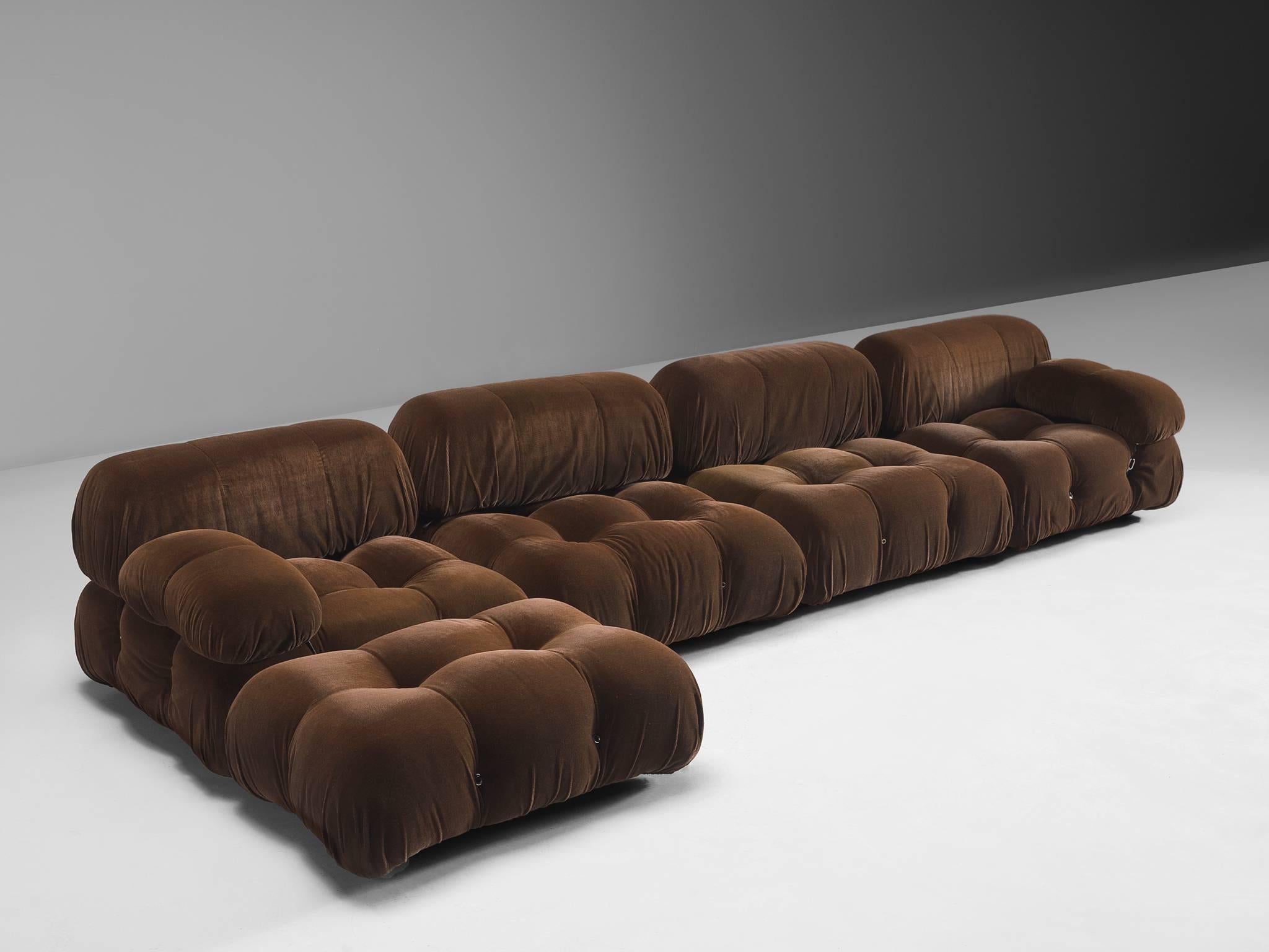 Mario Bellini, modular 'Cameleonda' sofa in original brown fabric, Italy, 1972.

The sectional elements of this can be used freely and apart from one another. The backs and armrests are provided with rings and carabiners, which allows the user to