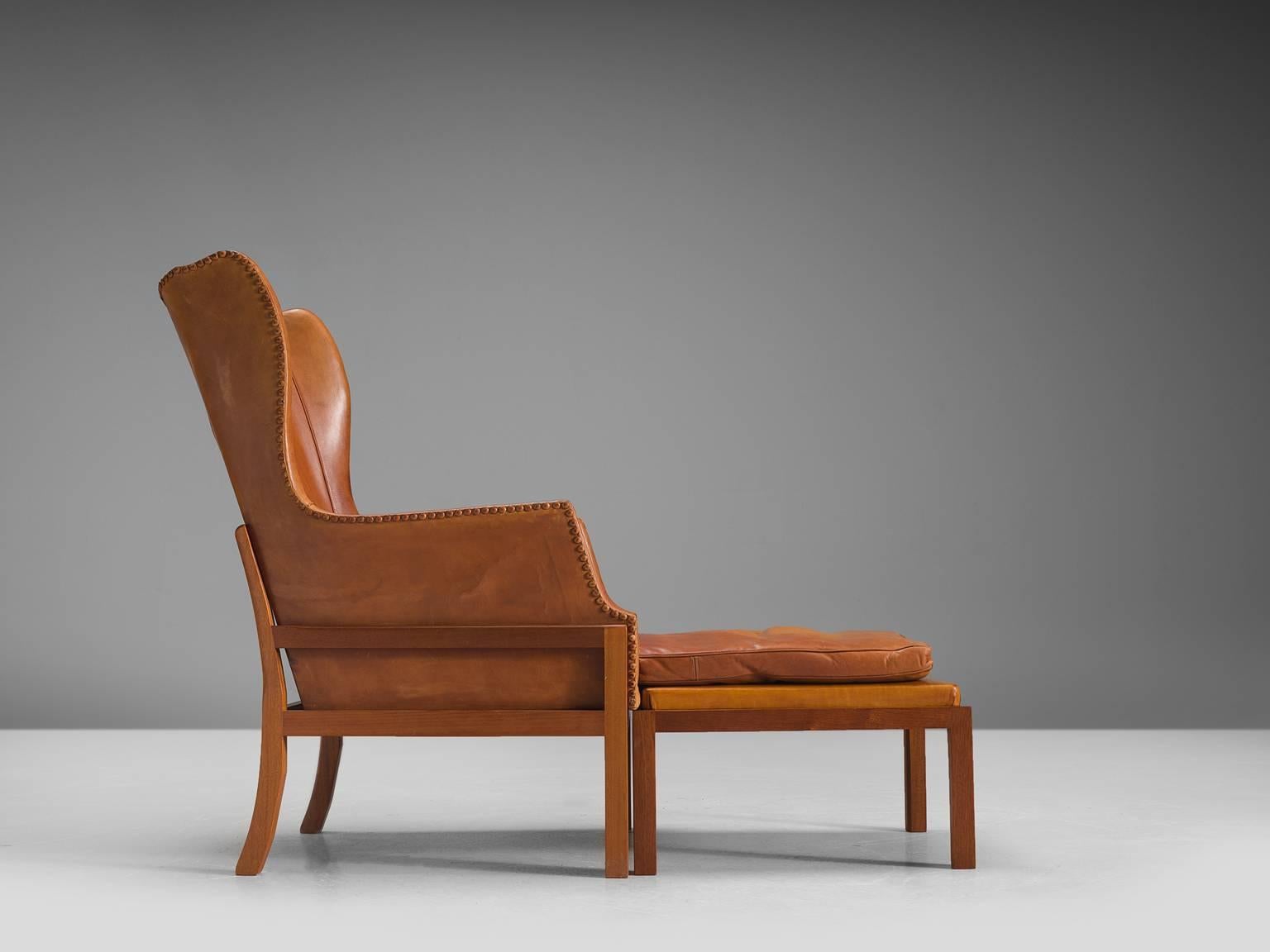 Scandinavian Modern Mogens Koch Wingback Lounge Chair in Mahogany and Cognac Leather