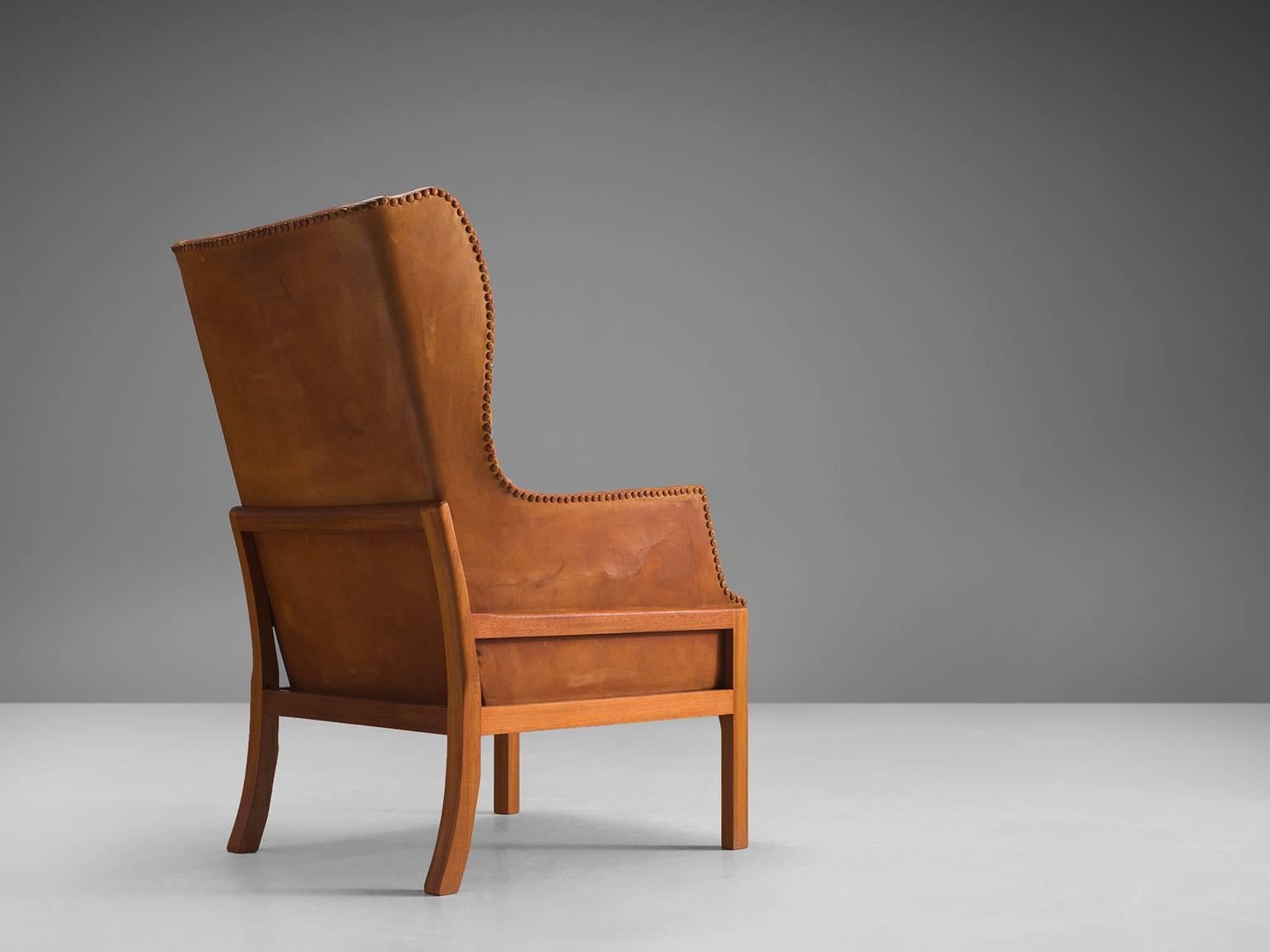 Late 20th Century Mogens Koch Wingback Lounge Chair in Mahogany and Cognac Leather
