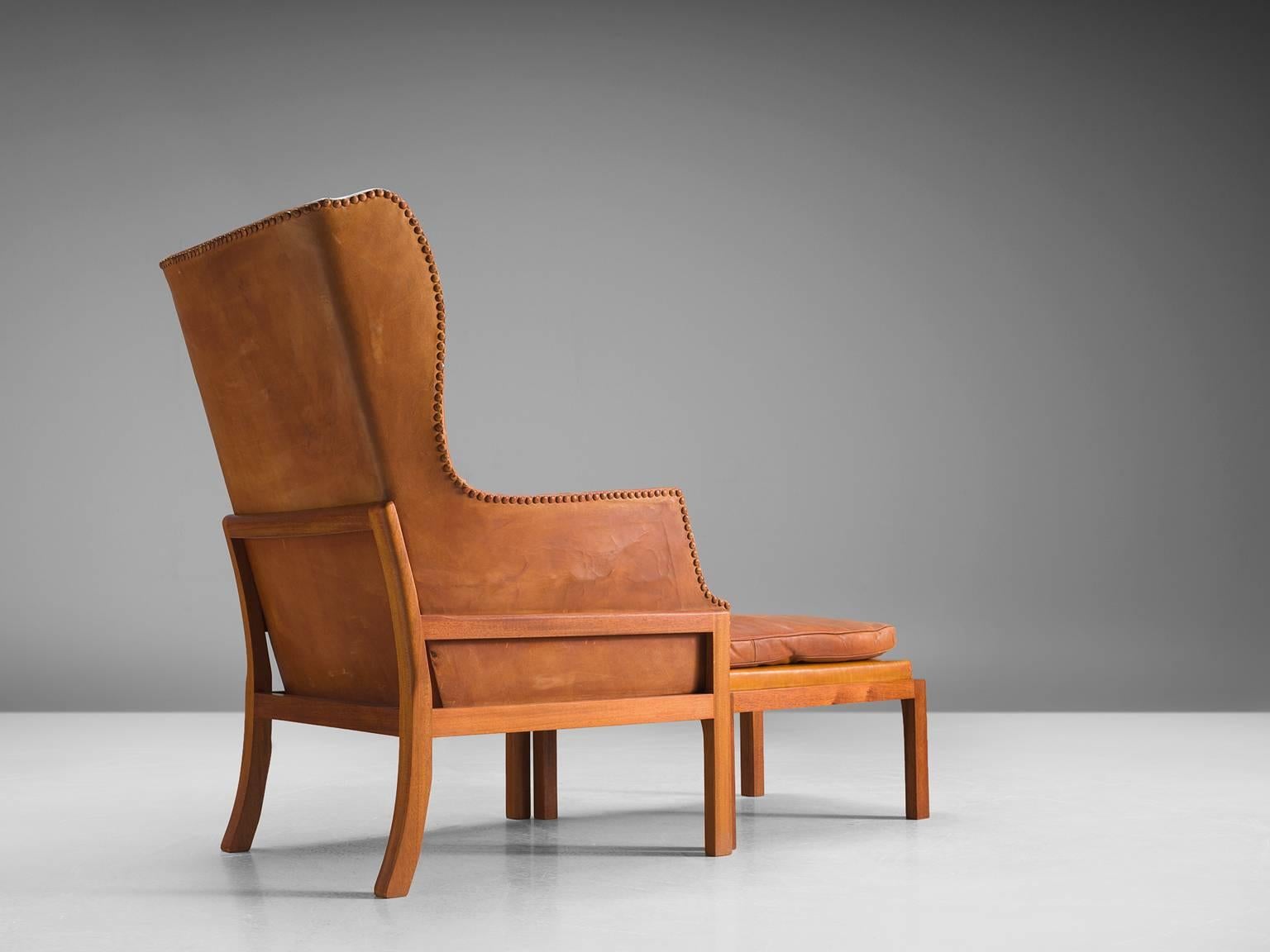Danish Mogens Koch Wingback Lounge Chair in Mahogany and Cognac Leather