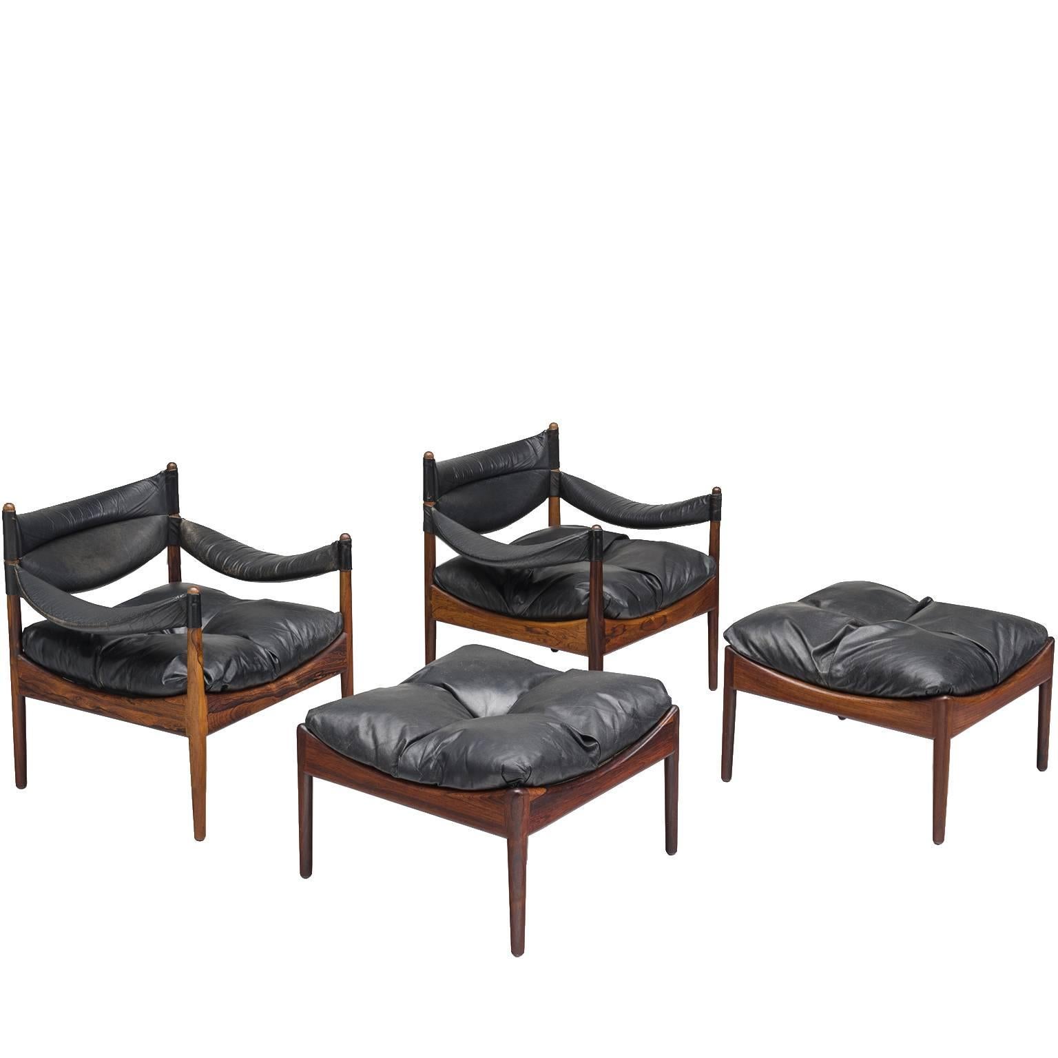 Kristian Solmer Vedel Pair of Lounge Chairs in Rosewood and Black Leather