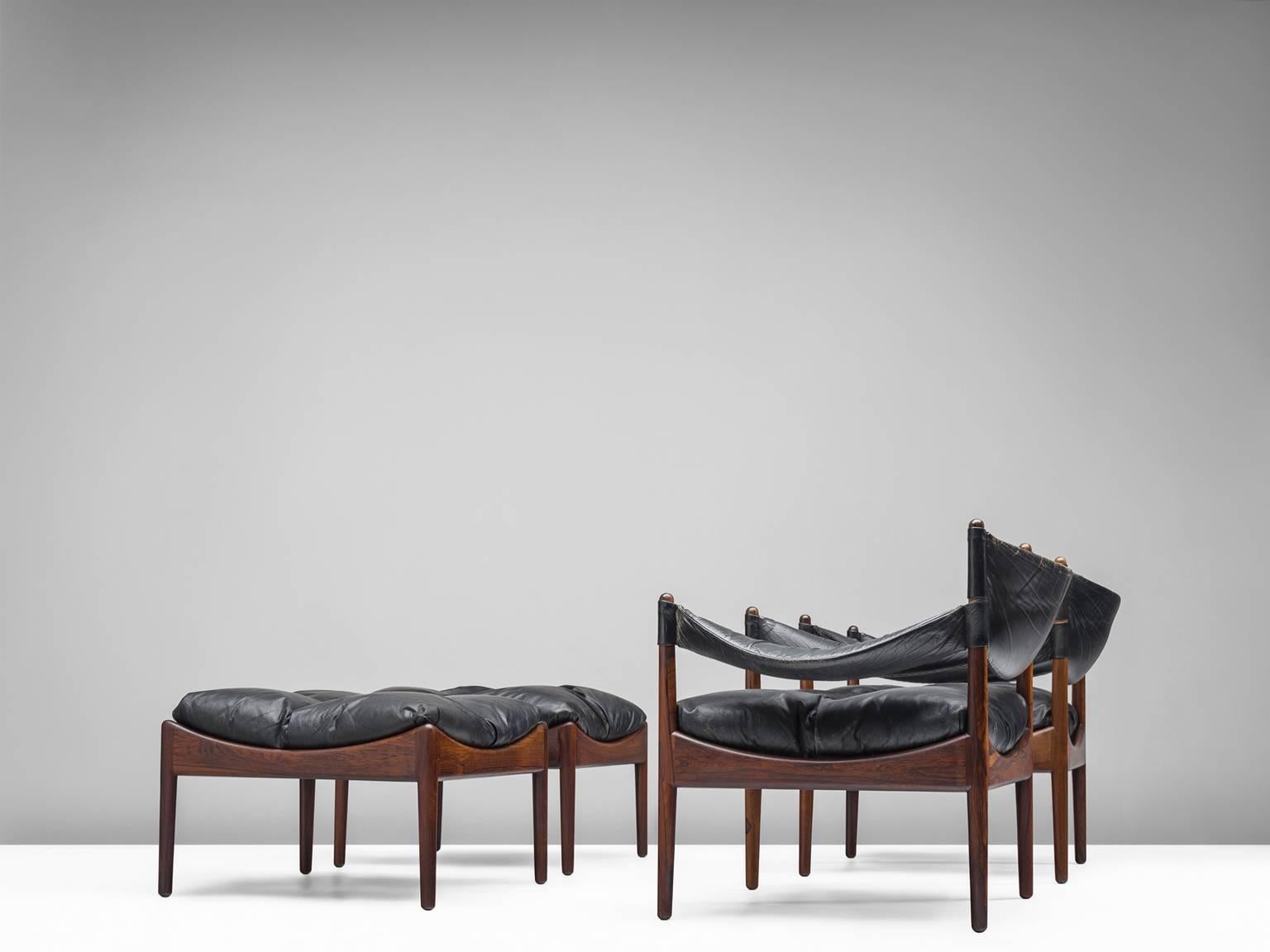 Mid-Century Modern Kristian Solmer Vedel Pair of Lounge Chairs in Rosewood and Black Leather