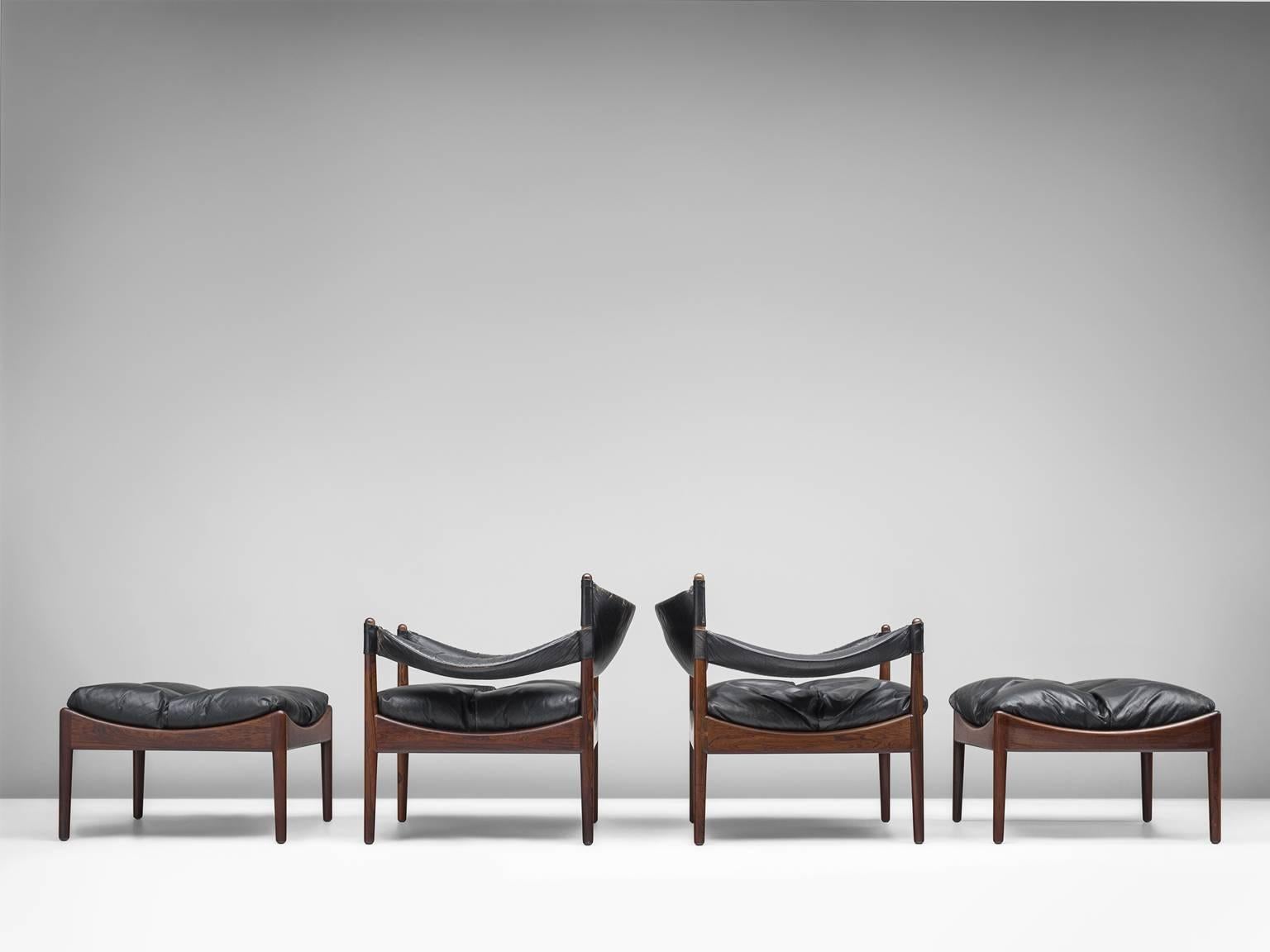 Danish Kristian Solmer Vedel Pair of Lounge Chairs in Rosewood and Black Leather