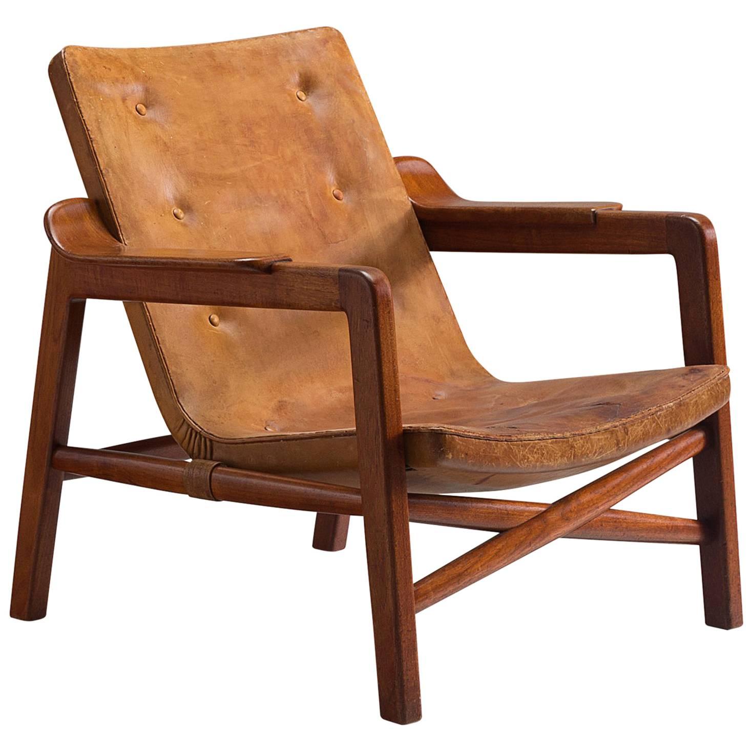 Early 1940s Kindt-Larsen 'Fireplace Chair' in Original Leather