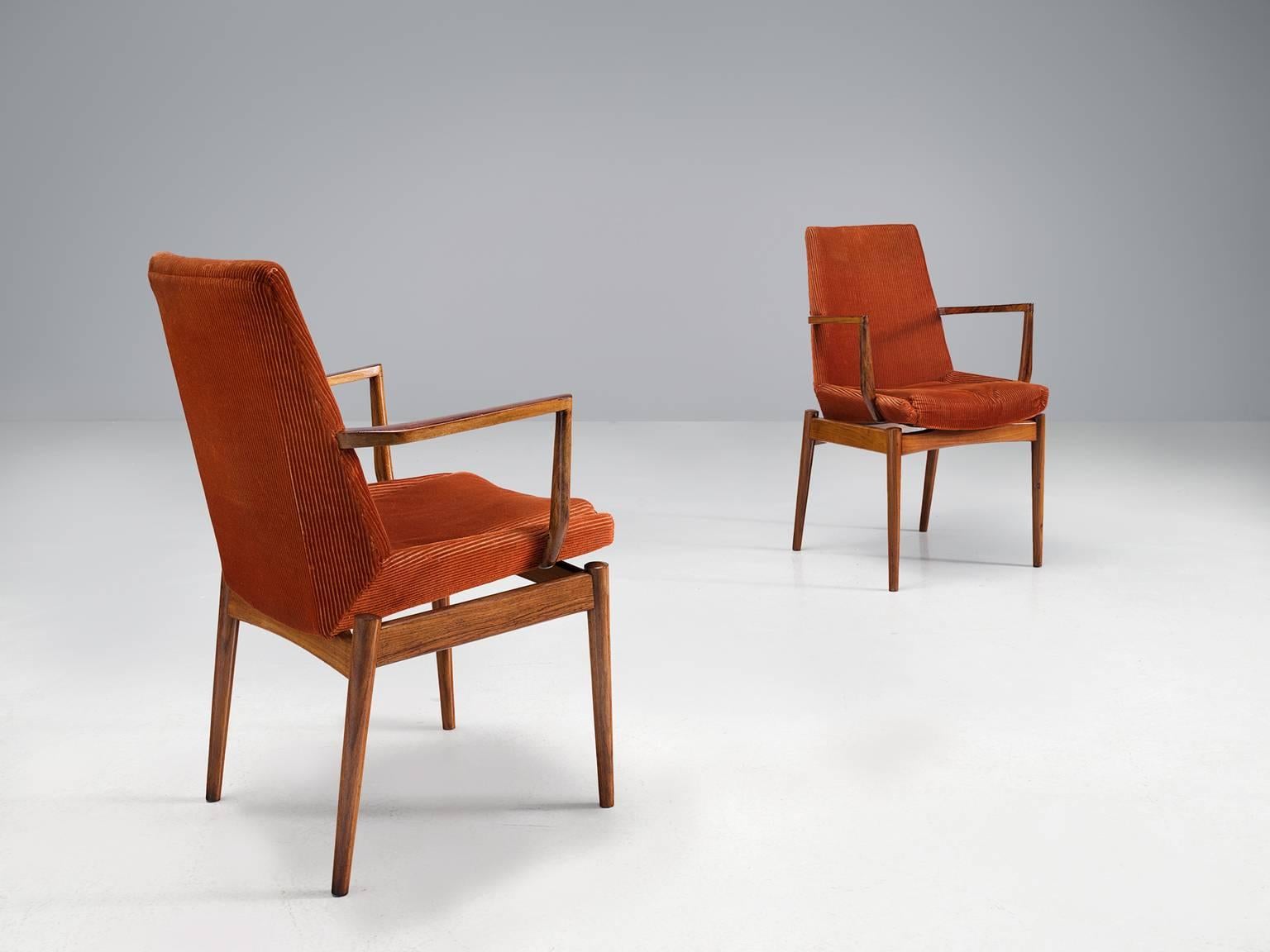 Danish Scandinavian Side Chairs in Rosewood and Curduroy