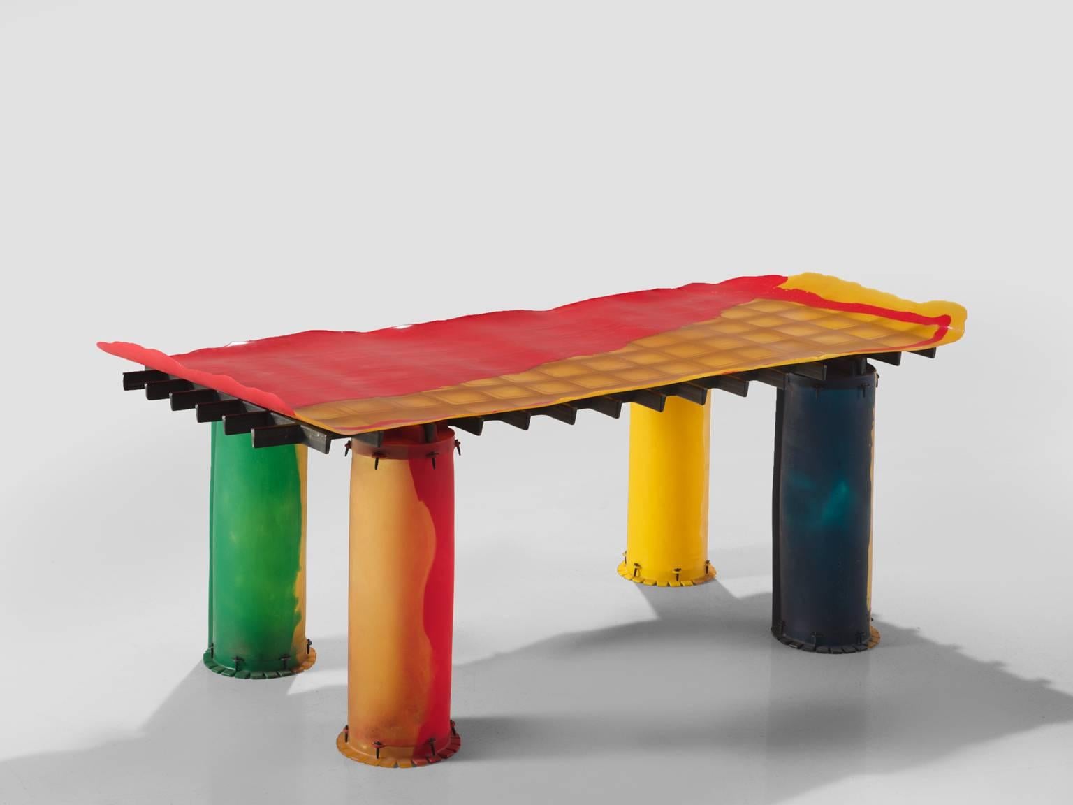 Gaetano Pesce for Zerodesigno, 'Nobody's Perfect' dining table, red, blue, green and yellow resin, metal, Italy, 2002.

This sculptural dining table is designed by Gaetano Pesce. The title of the table 'Nobody's Perfect' refers to the fact that