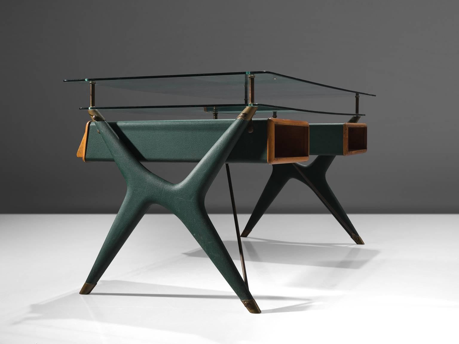 Mid-Century Modern Silvio Berrone for Bialetti Desk in Green Leatherette and Brass