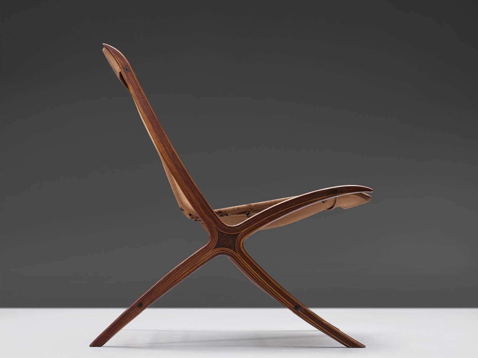 Danish Nielsen and Hvidt X-Chair in Mahogany and Bird's-Eye Wood with Original Canvas