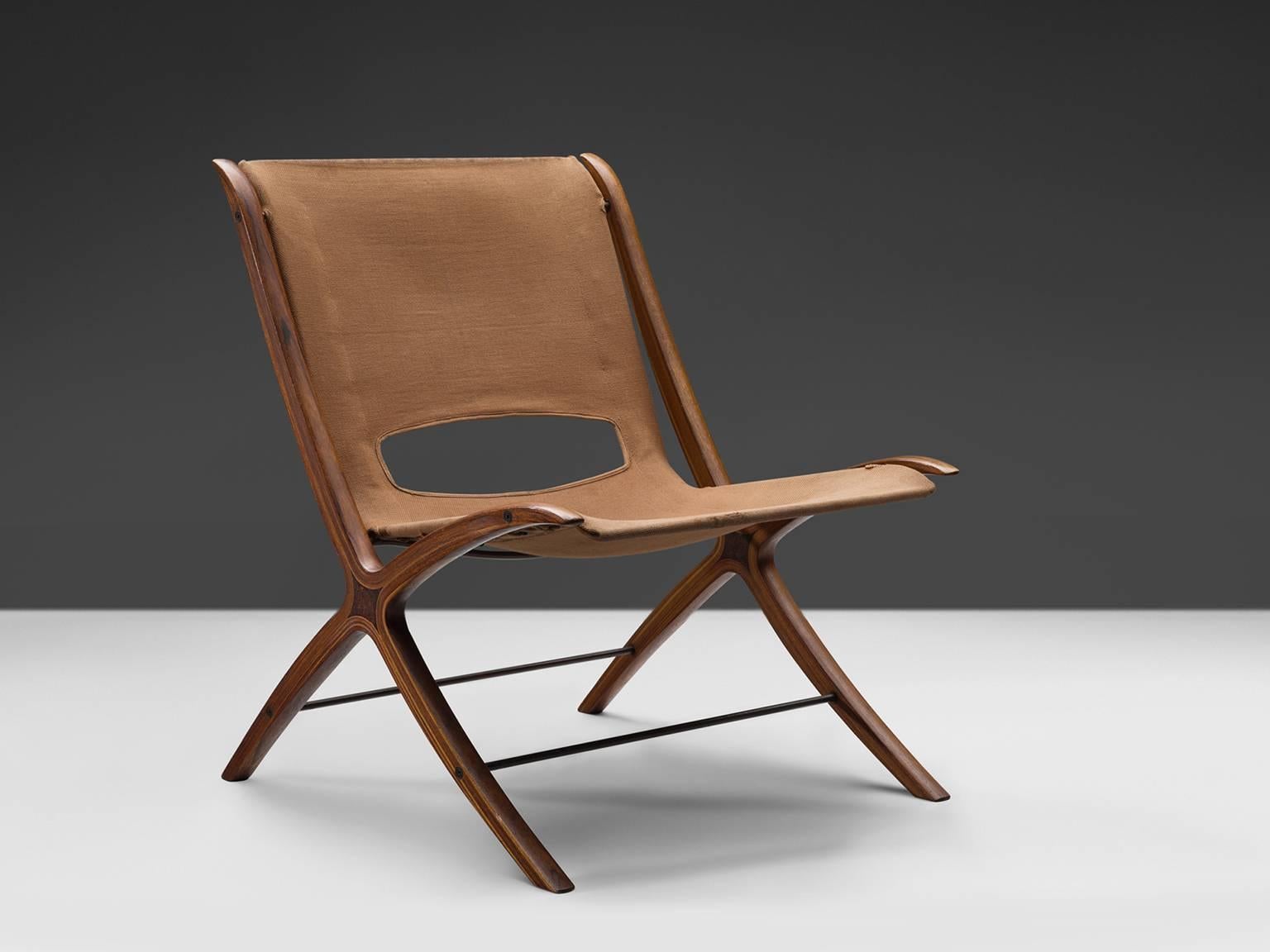 Scandinavian Modern Nielsen and Hvidt X-Chair in Mahogany and Bird's-Eye Wood with Original Canvas