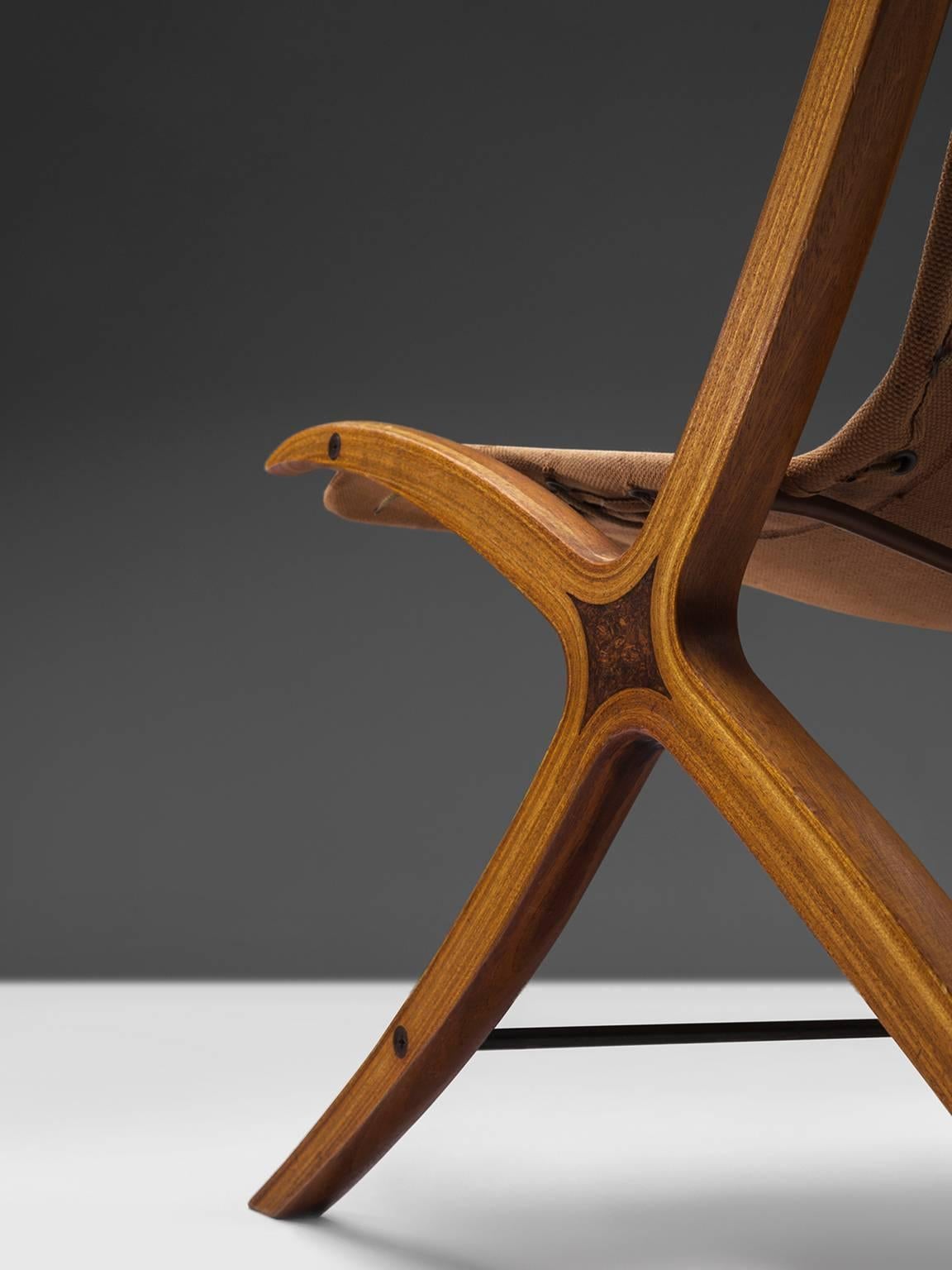 Mid-20th Century Nielsen and Hvidt X-Chair in Mahogany and Bird's-Eye Wood with Original Canvas