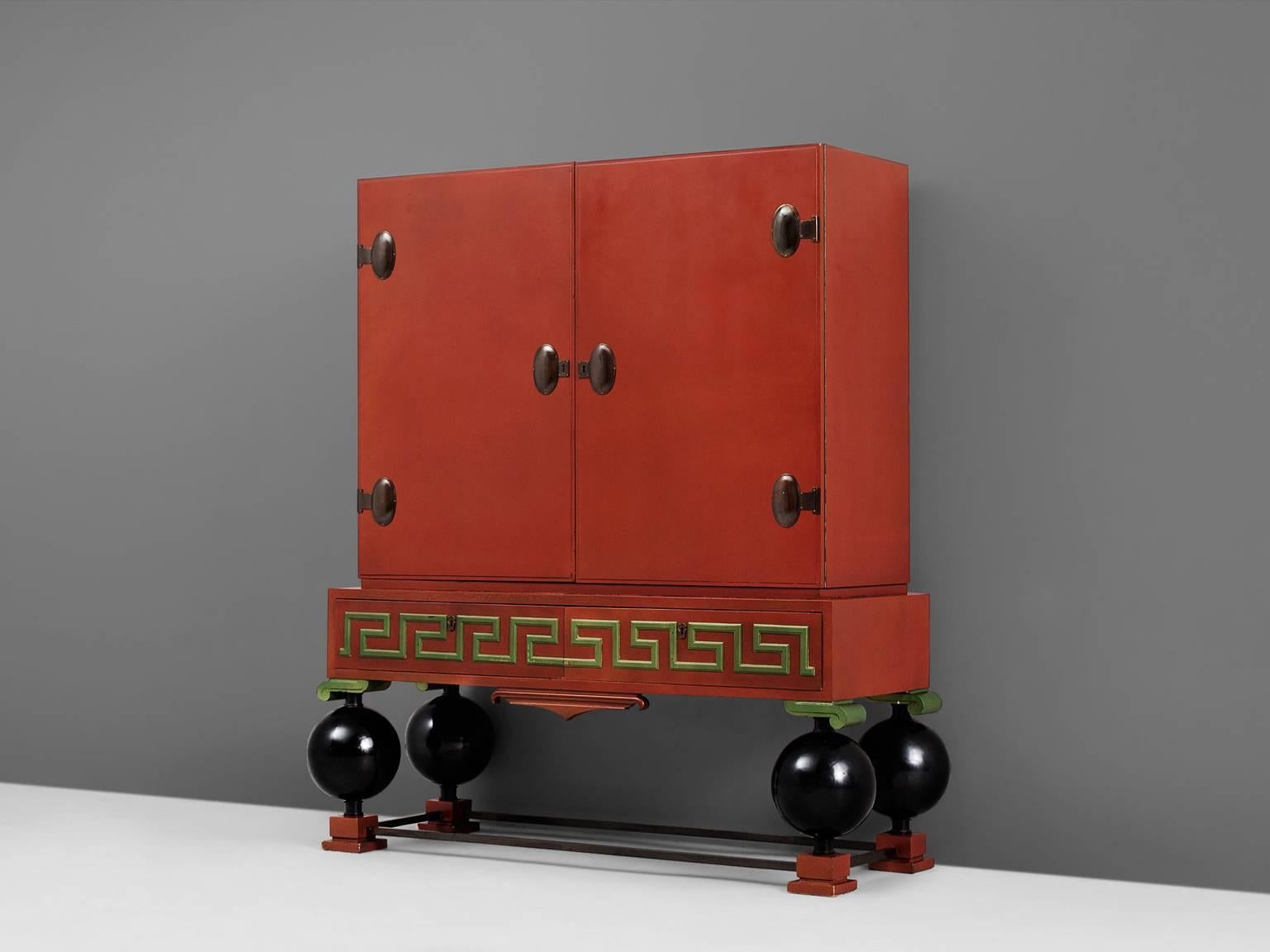 Paul Boberg, cabinet, wood and metal, by Sweden, 1930s. 

Large decorative cabinet, in red and green. At the front this highboard is divided over two large doors and two drawers. All compartments can be locked. Once opened, a 