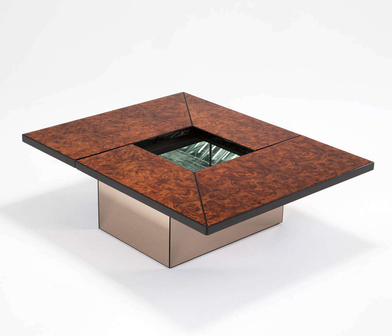 Mid-Century Modern Burlwood Cocktail Table with Liquor Storage
