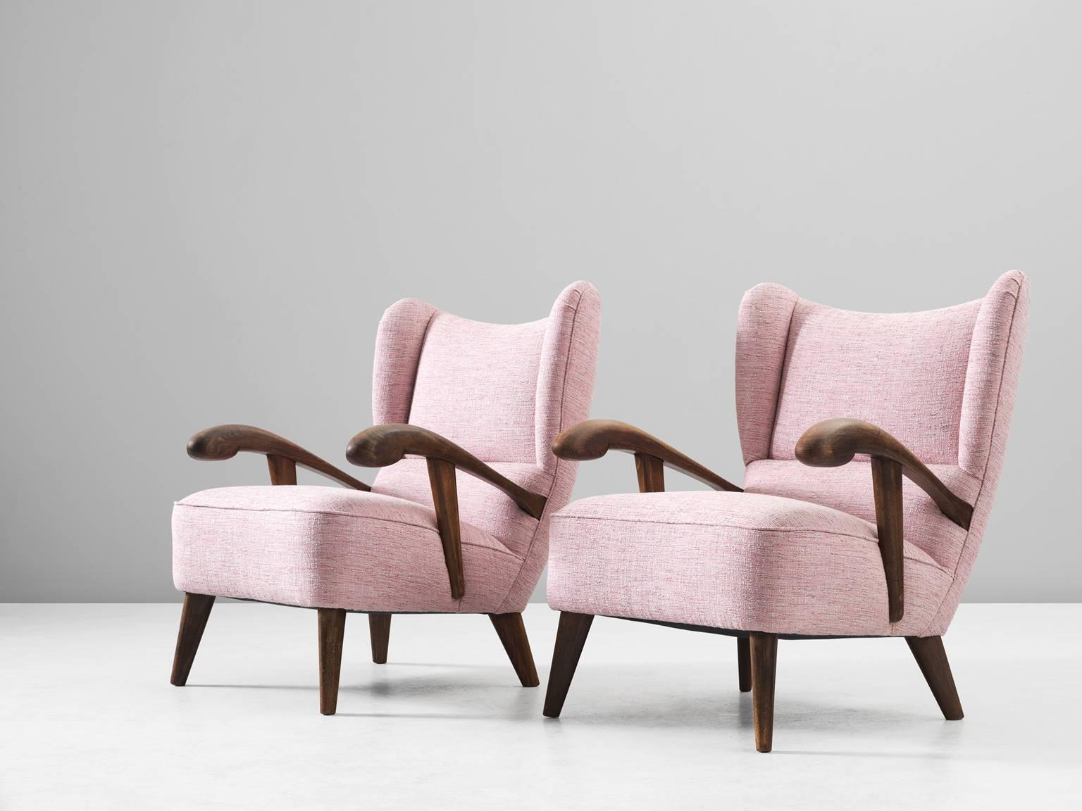 Mid-Century Modern Pair of Reupholstered Lounge Chairs with Sculptural Wooden Frame